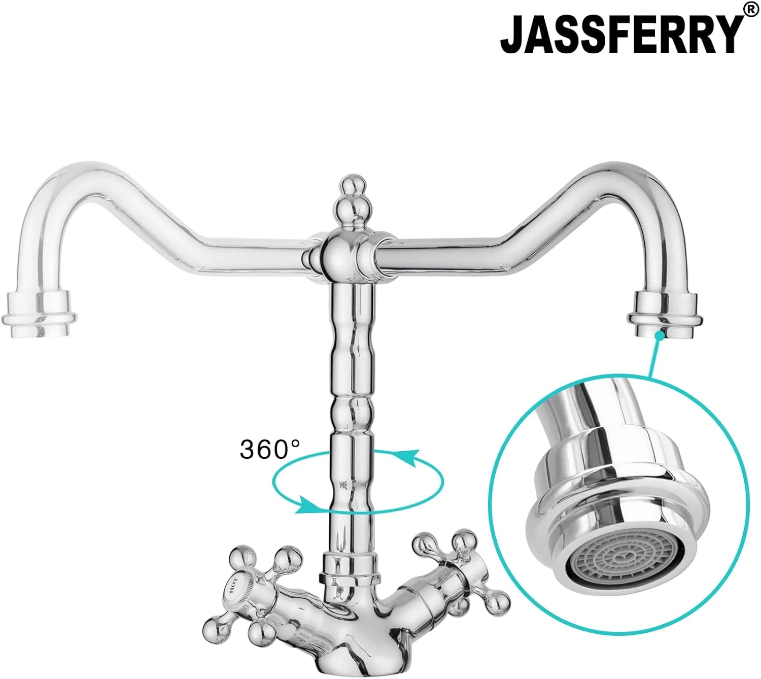 شیر آشپزخانه تک اهرمی برنجی JASSFERRY با طراحی قدیمی فرانسوی، دسته های صلیبی سنتی و علم گردان، پرداخت کروم شیر آشپزخانه تک اهرمی برنجی JASSFERRY با طراحی قدیمی فرانسوی، دسته های صلیبی سنتی و علم گردان، پرداخت کروم