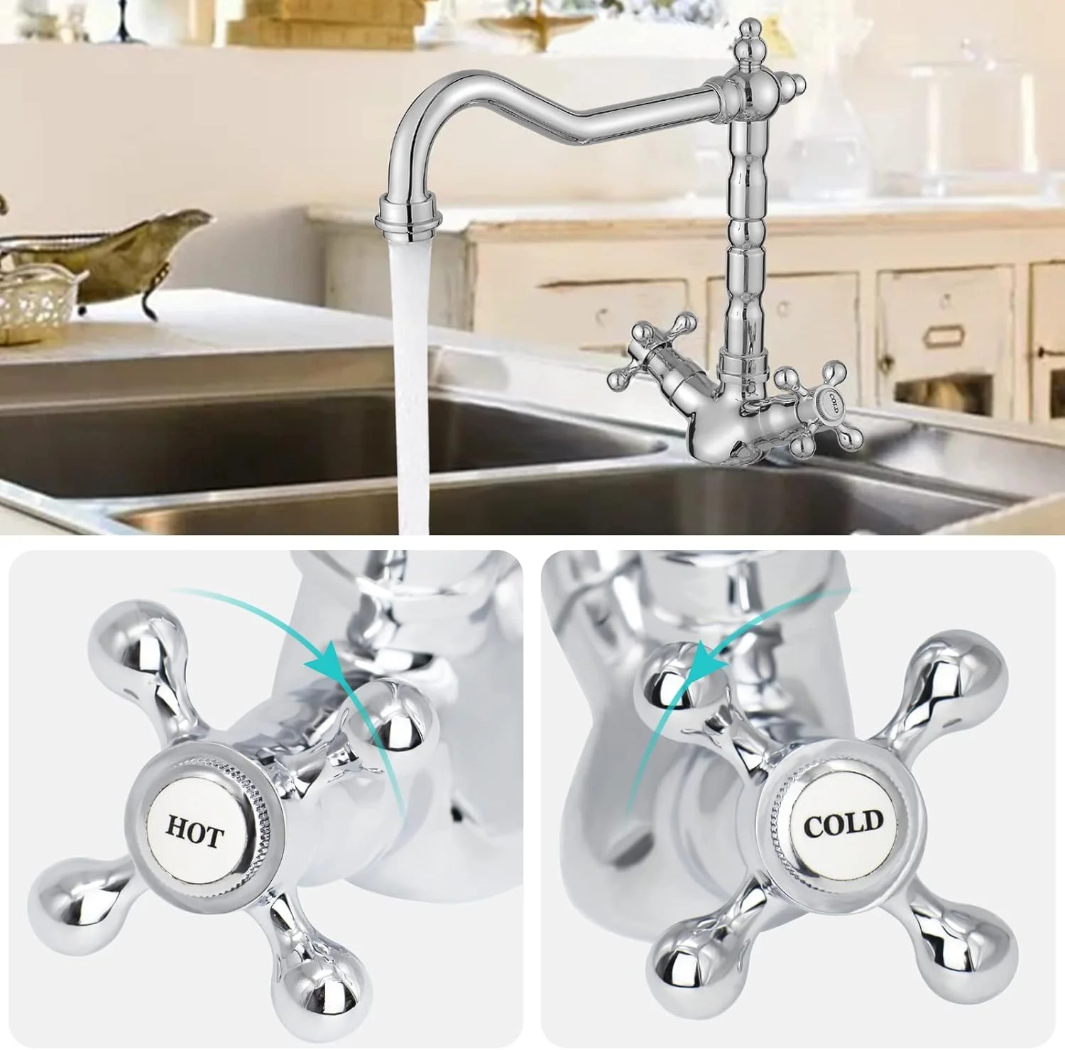 شیر آشپزخانه تک اهرمی برنجی JASSFERRY با طراحی قدیمی فرانسوی، دسته های صلیبی سنتی و علم گردان، پرداخت کروم شیر آشپزخانه تک اهرمی برنجی JASSFERRY با طراحی قدیمی فرانسوی، دسته های صلیبی سنتی و علم گردان، پرداخت کروم