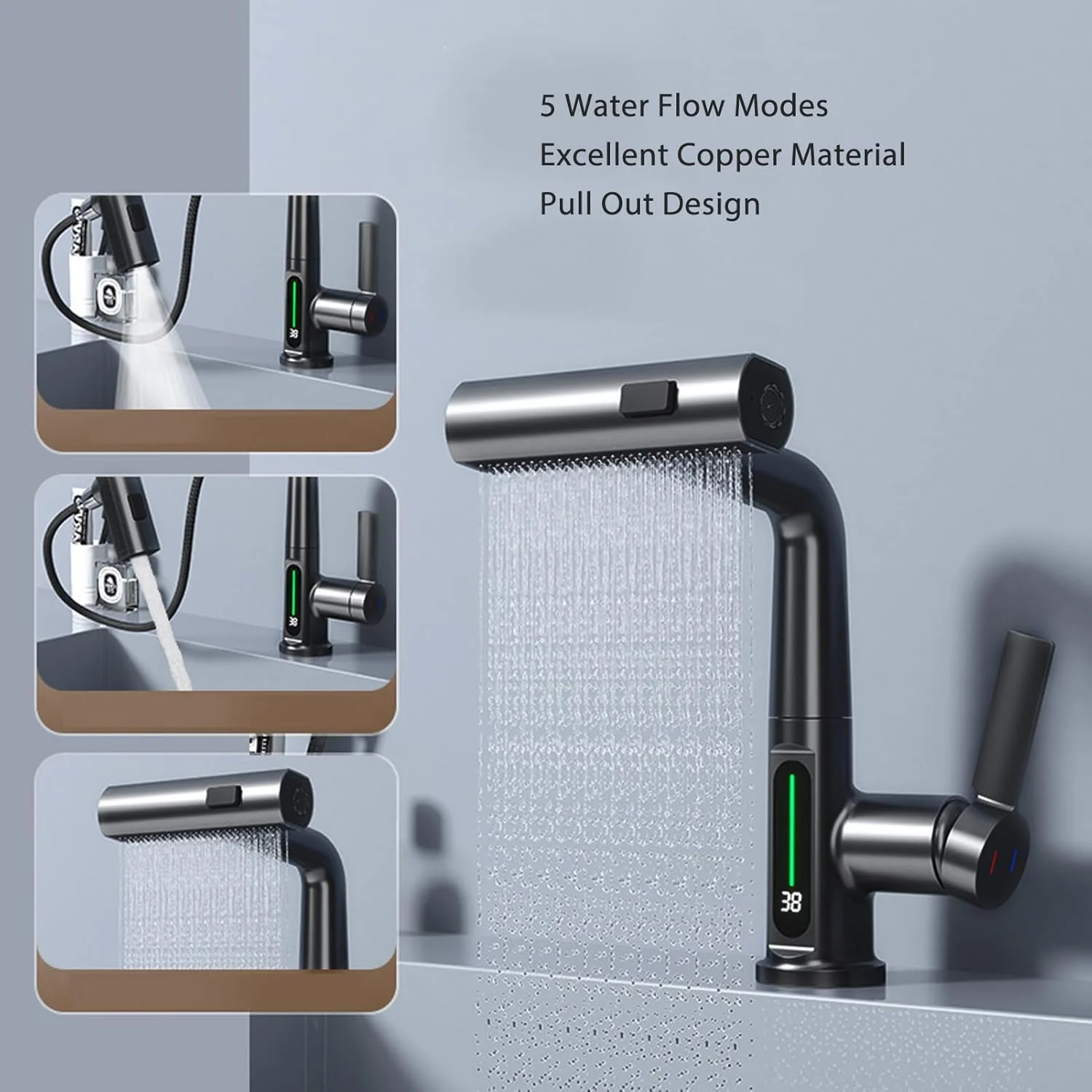 شیر آب حمام Tuwei، شیر آب آبشاری تک دسته با نمایشگر دما، شیر روشویی چرخشی، شیر مخلوط آب گرم و سرد بالابر، مناسب برای آشپزخانه، RV، حمام - مشکی شیر آب حمام Tuwei، شیر آب آبشاری تک دسته با نمایشگر دما، شیر روشویی چرخشی، شیر مخلوط آب گرم و سرد بالابر، مناسب برای آشپزخانه، RV، حمام - مشکی