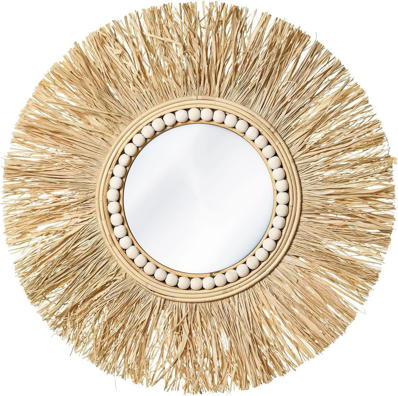 آینه دیواری حصیری طرح بوهو KASTWAVE سایز 20 اینچ، آینه دکوراتیو گرد آویز مناسب اتاق خواب، نشیمن یا حمام، آینه دایره ای روستیک برای تزیین منزل، طراحی بافت دار نصب شده روی دیوار