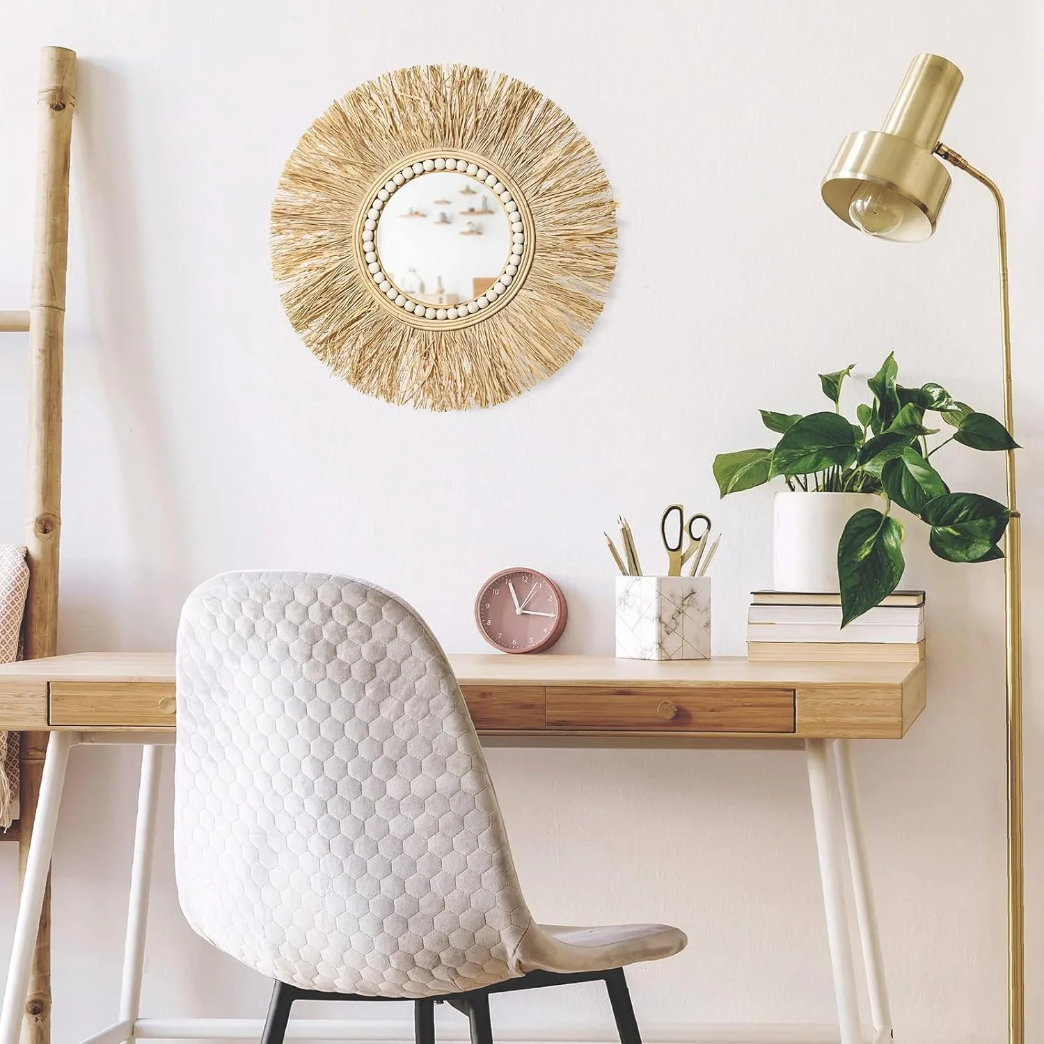 آینه دیواری حصیری طرح بوهو KASTWAVE سایز 20 اینچ، آینه دکوراتیو گرد آویز مناسب اتاق خواب، نشیمن یا حمام، آینه دایره ای روستیک برای تزیین منزل، طراحی بافت دار نصب شده روی دیوار