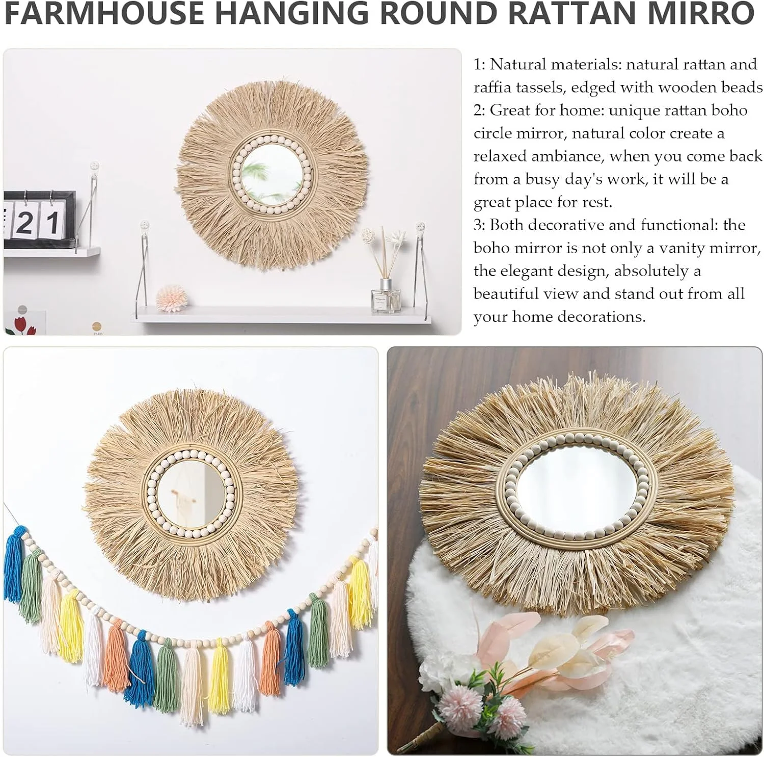 آینه دیواری حصیری طرح بوهو KASTWAVE سایز 20 اینچ، آینه دکوراتیو گرد آویز مناسب اتاق خواب، نشیمن یا حمام، آینه دایره ای روستیک برای تزیین منزل، طراحی بافت دار نصب شده روی دیوار