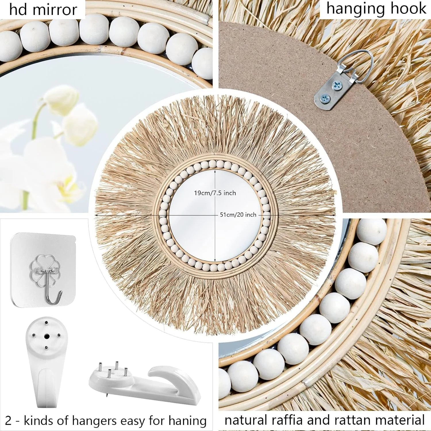 آینه دیواری حصیری طرح بوهو KASTWAVE سایز 20 اینچ، آینه دکوراتیو گرد آویز مناسب اتاق خواب، نشیمن یا حمام، آینه دایره ای روستیک برای تزیین منزل، طراحی بافت دار نصب شده روی دیوار