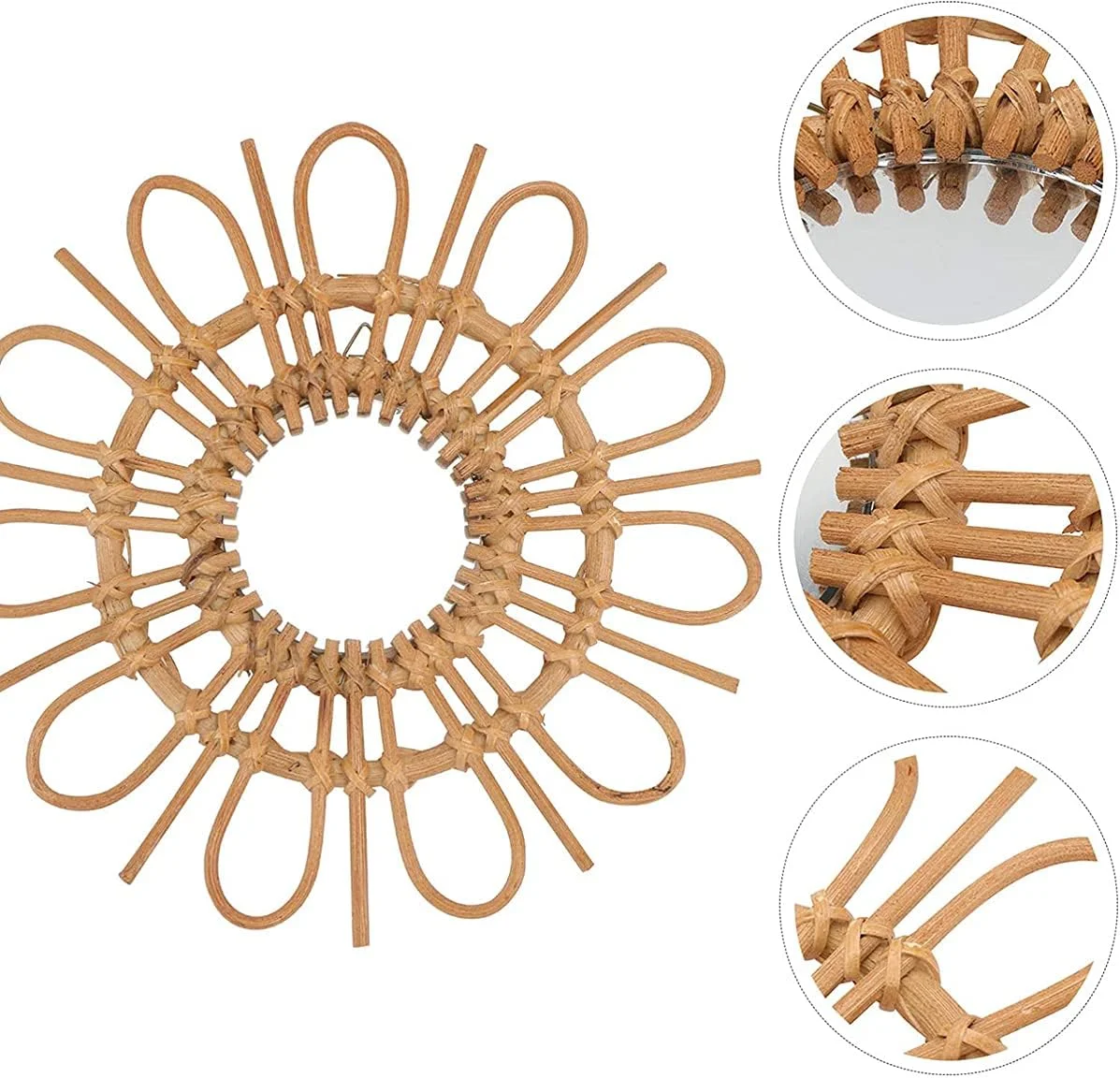 آینه حصیری بزرگ دست ساز روستایی KASTWAVE برای دکور دیوار، آینه گرد بوهو برای ورودی اتاق نشیمن، آینه چوبی دایره ای بزرگ برای دکور راهروی حمام