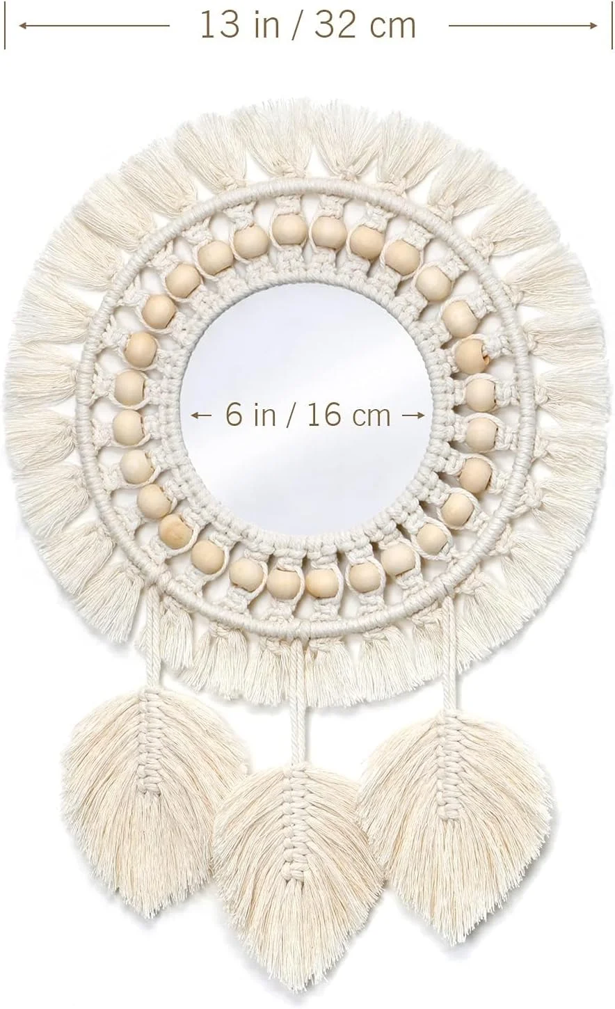آینه دیواری آویز KASTWAVE، آینه تزئینی گرد با حاشیه مکرومه بوهمی و مهره های چوبی، آویز هنری پر برای آپارتمان، خانه، اتاق خواب، دکوراسیون اتاق نشیمن، عاجی
