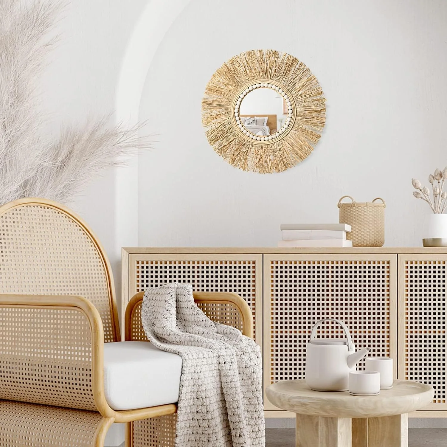 آینه دیواری حصیری طرح بوهو KASTWAVE سایز 20 اینچ، آینه دکوراتیو گرد آویز مناسب اتاق خواب، نشیمن یا حمام، آینه دایره ای روستیک برای تزیین منزل، طراحی بافت دار نصب شده روی دیوار