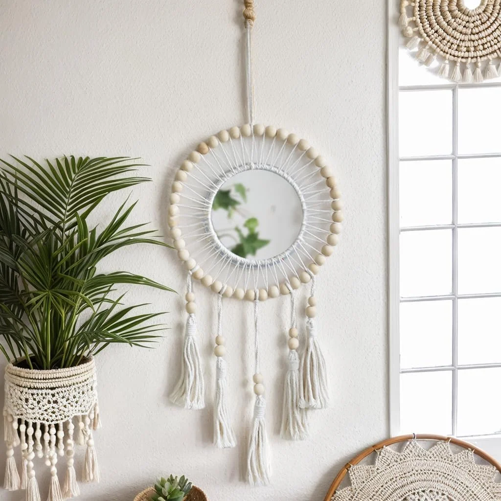 آینه دیواری بوهو با حاشیه منگوله دار KASTWAVE، صنایع دستی چوبی درجه یک دست ساز، اثر هنری تزئینی برای اتاق نشیمن و اتاق خواب - دکوری بادوام و شیک برای خانه