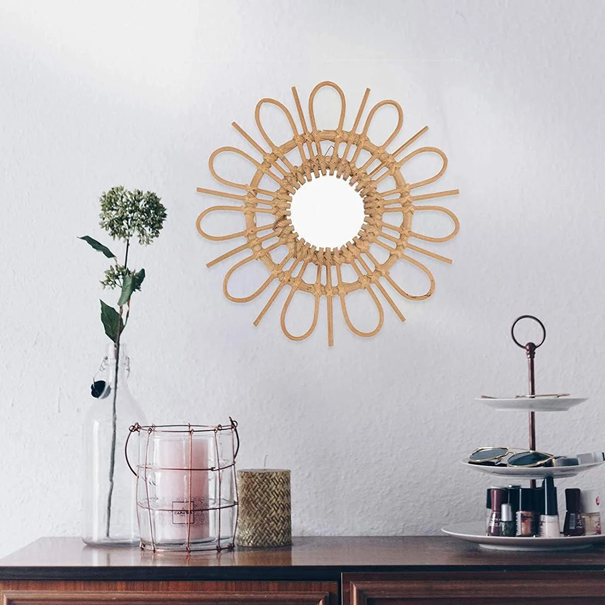 آینه دیواری حصیری KASTWAVE، آینه آویز گرد، آینه خورشیدی دایره ای، دکوراسیون دیواری، آینه آرایش ایکیا به سبک نوردیک