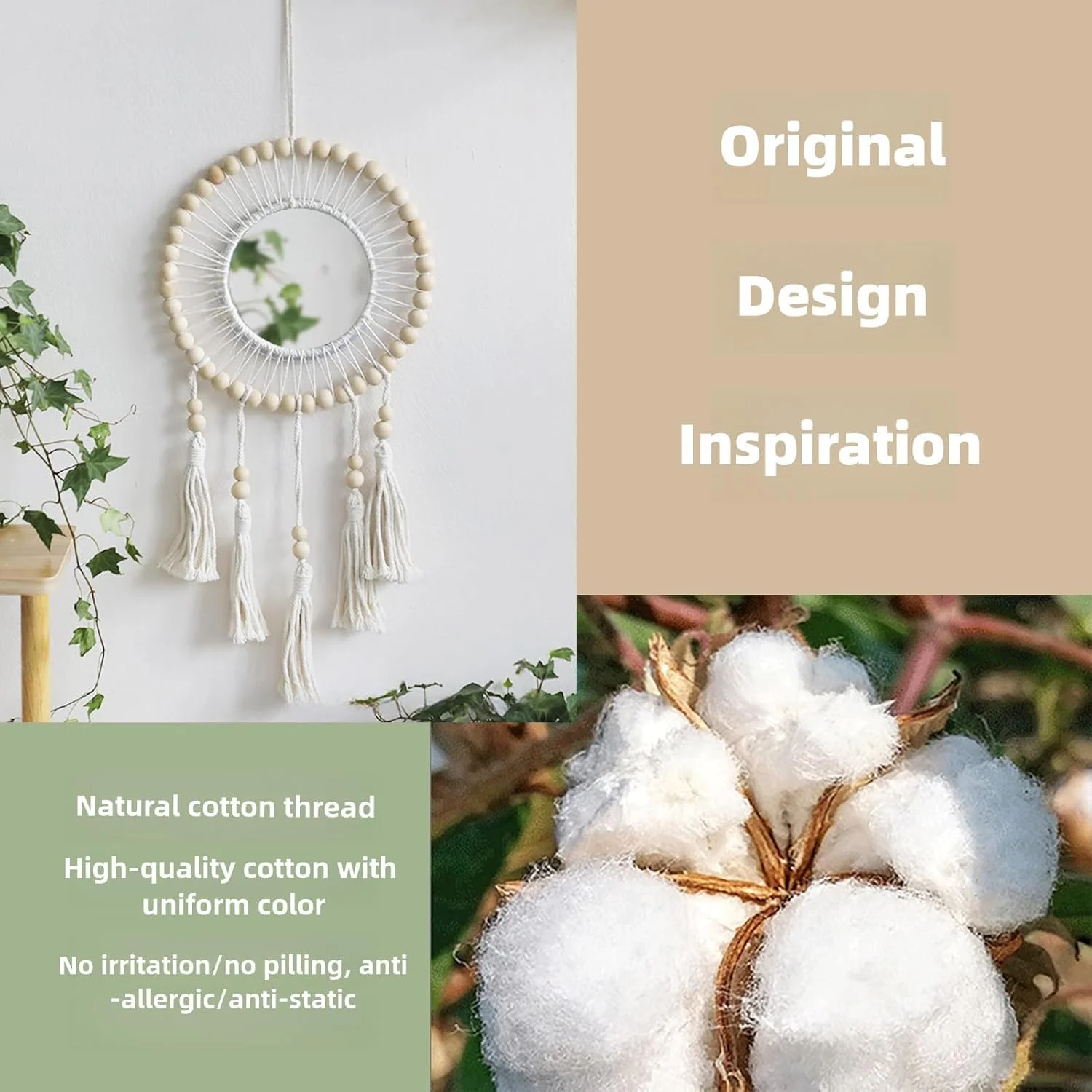 آینه دیواری بوهو با حاشیه منگوله دار KASTWAVE، صنایع دستی چوبی درجه یک دست ساز، اثر هنری تزئینی برای اتاق نشیمن و اتاق خواب - دکوری بادوام و شیک برای خانه