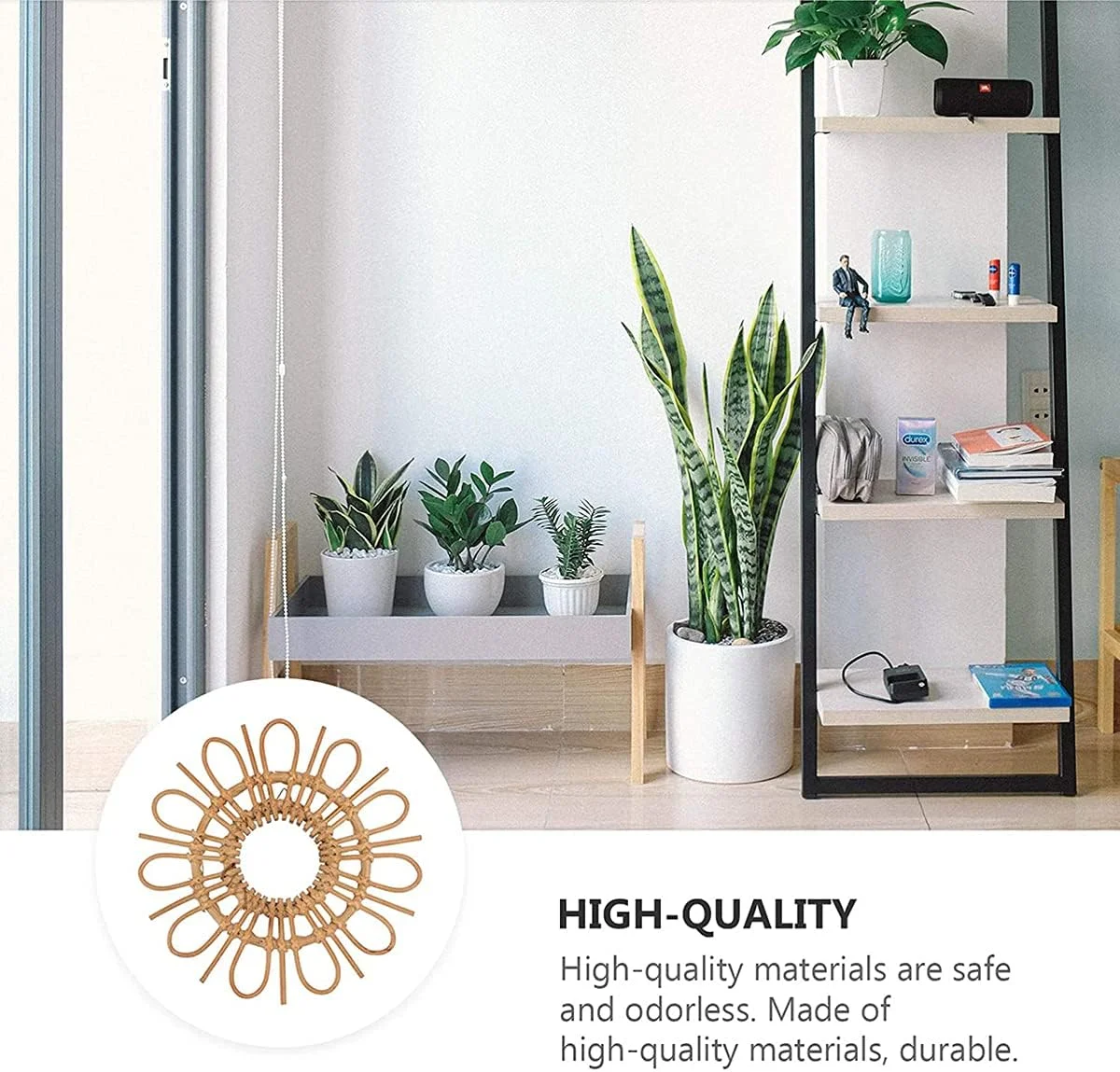 آینه دیواری حصیری KASTWAVE، آینه آویز گرد، آینه خورشیدی دایره ای، دکوراسیون دیواری، آینه آرایش ایکیا به سبک نوردیک