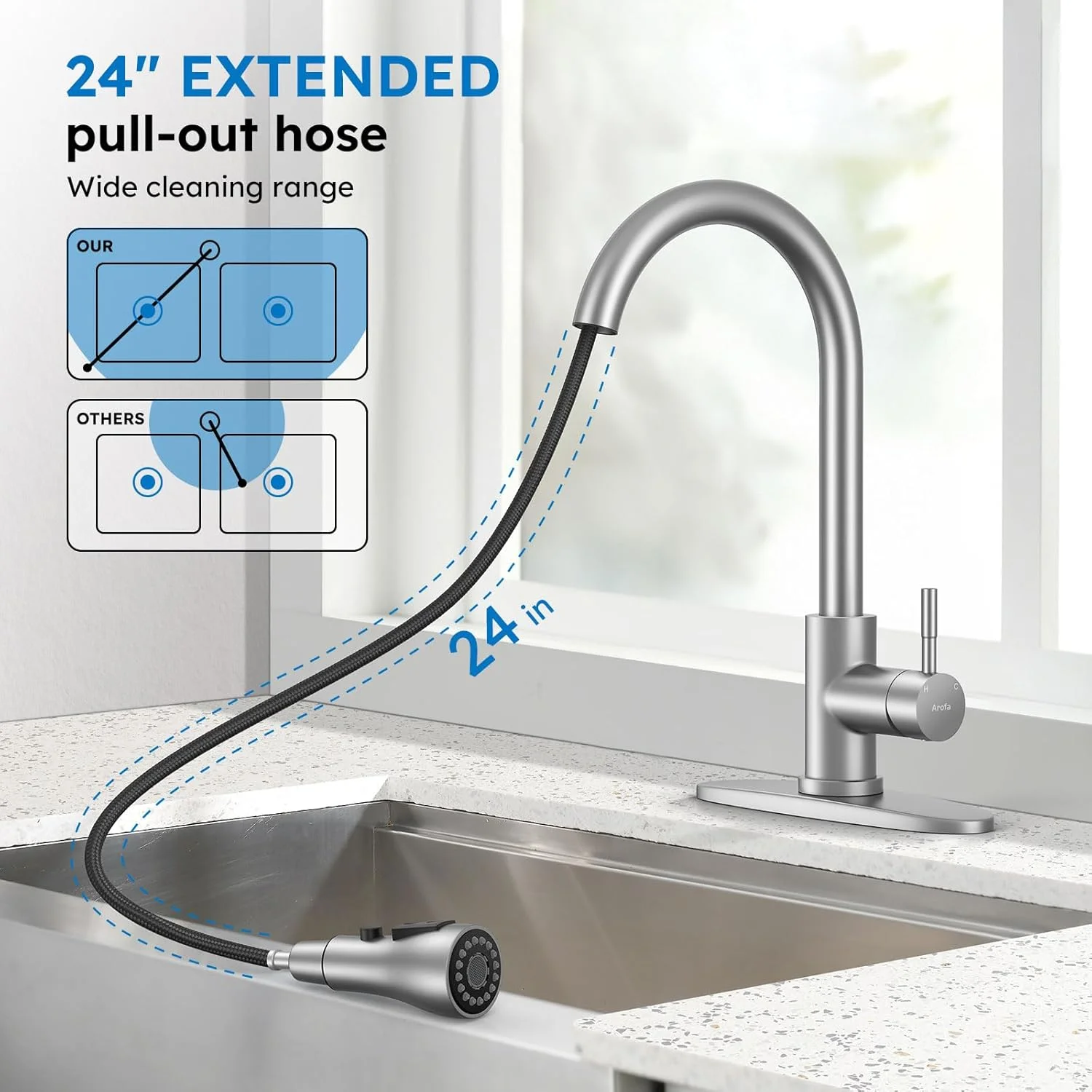 شیر آشپزخانه آروفا با اسپری کشویی، شیر سینک ظرفشویی نیکل برس خورده تک دسته استیل ضد زنگ برای سینک های 1 یا 3 سوراخه، مناسب آشپزخانه های روستایی، لباسشویی، RV و بار