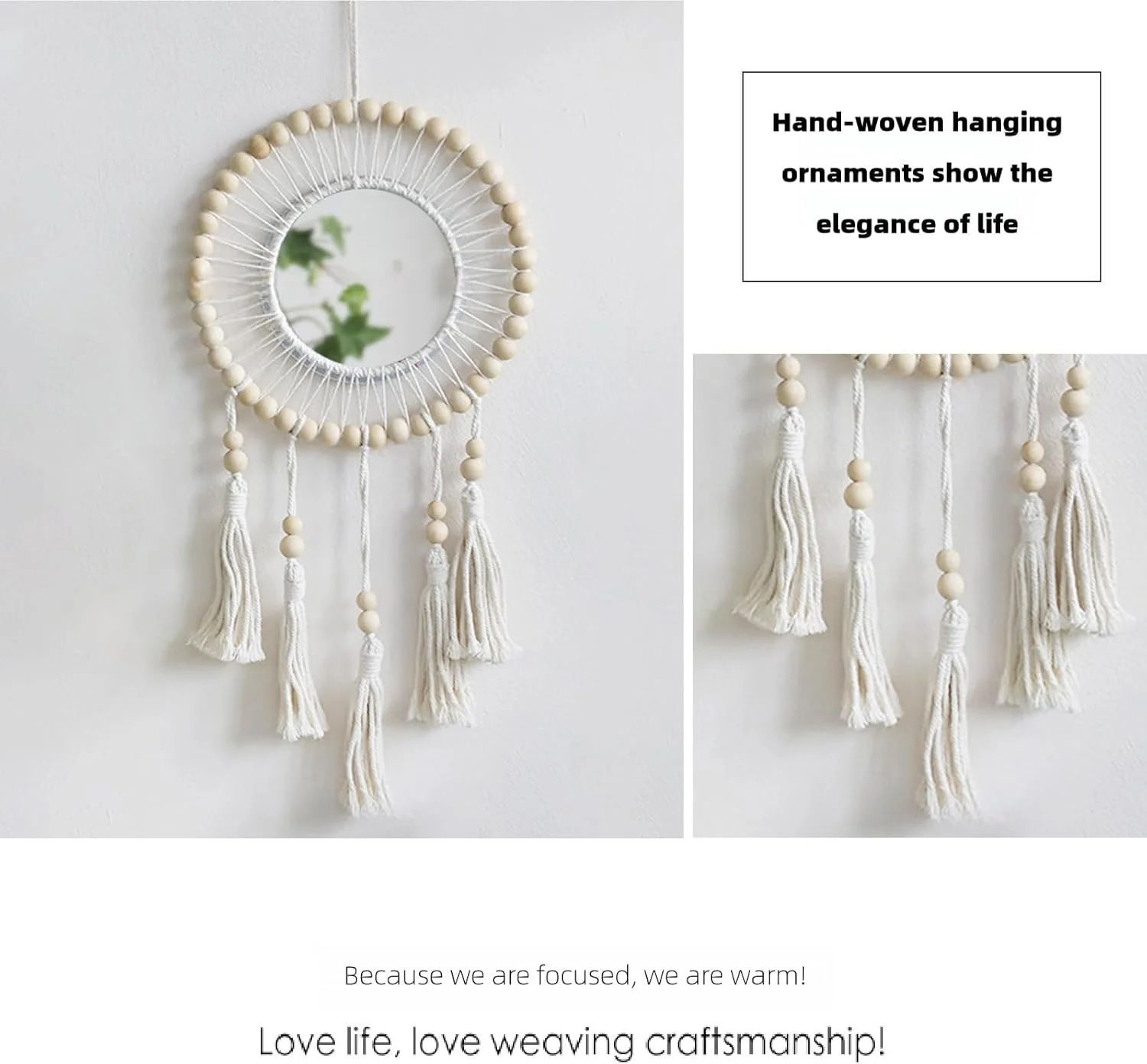 آینه دیواری بوهو با حاشیه منگوله دار KASTWAVE، صنایع دستی چوبی درجه یک دست ساز، اثر هنری تزئینی برای اتاق نشیمن و اتاق خواب - دکوری بادوام و شیک برای خانه