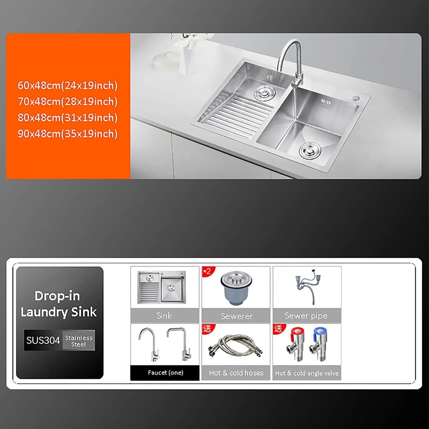 سینک ظرفشویی استیل 304، سینک تک لگنه توکار، روشویی حمام، سینک لباسشویی بالکن با شیر و تخته شستشو، 70 * 48 سانتی متر