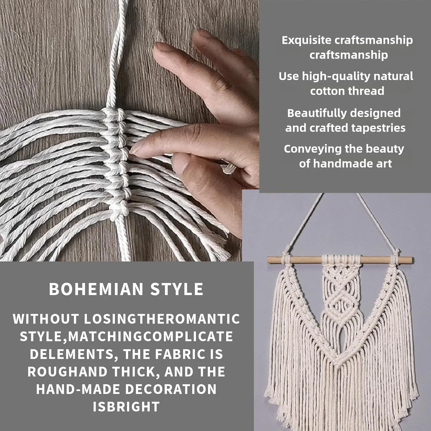 آینه دیواری بوهو با حاشیه منگوله دار KASTWAVE، صنایع دستی چوبی درجه یک دست ساز، اثر هنری تزئینی برای اتاق نشیمن و اتاق خواب - دکوری بادوام و شیک برای خانه