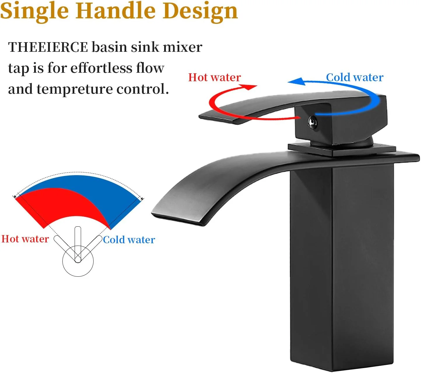 شیر سینک روشویی THEEIERCE، شیرآلات سینک حمام آبشاری، شیر سینک تک اهرمی، شیرآلات ضد زنگ با علامت آب سرد و گرم، مشکی مات