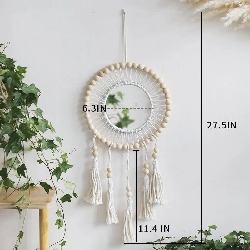 آینه دیواری بوهو با حاشیه منگوله دار KASTWAVE، صنایع دستی چوبی درجه یک دست ساز، اثر هنری تزئینی برای اتاق نشیمن و اتاق خواب - دکوری بادوام و شیک برای خانه