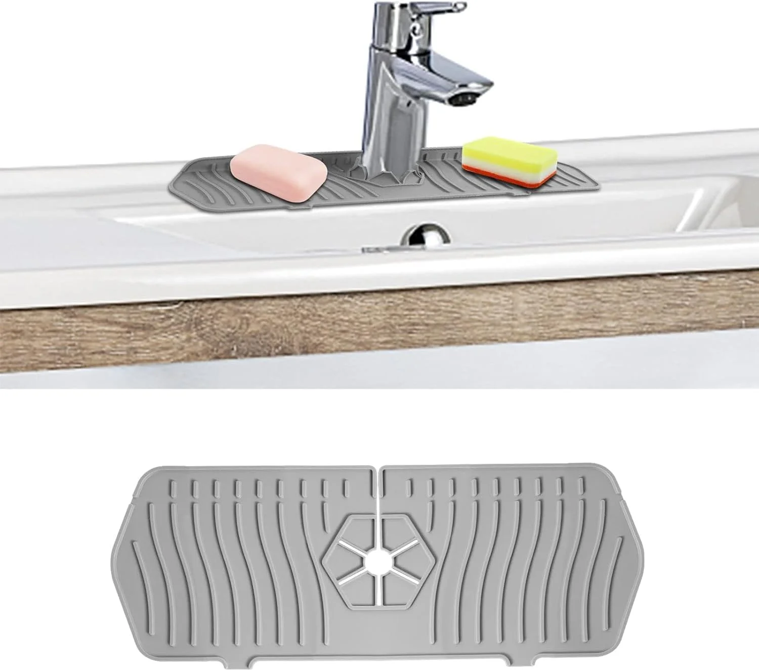 محافظ پاشش سینک ظرفشویی هایدرو ال ای دی، 24 اینچ، سینی سیلیکونی جاذب چکه شیرآلات، زیرانداز سیلیکونی بلندتر برای سینک آشپزخانه و حمام، محافظ پاشش و چکه سطح (خاکستری)