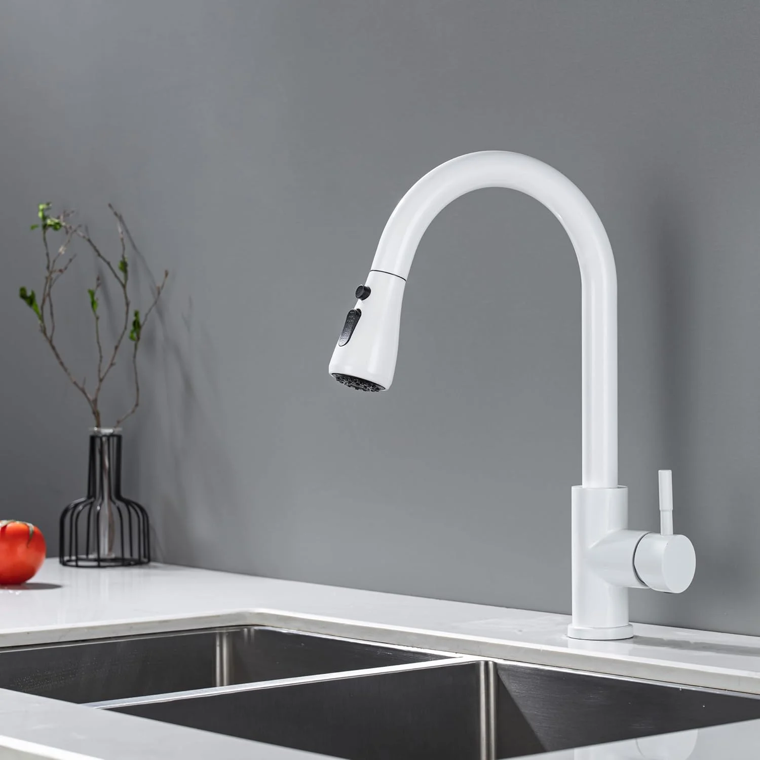 شیر آشپزخانه سفید EGSO با اسپری بیرون کشویی چرخش 360 درجه، شیر سینک قوس دار با اسپری جمع شونده 2 حالته، استیل ضد زنگ
