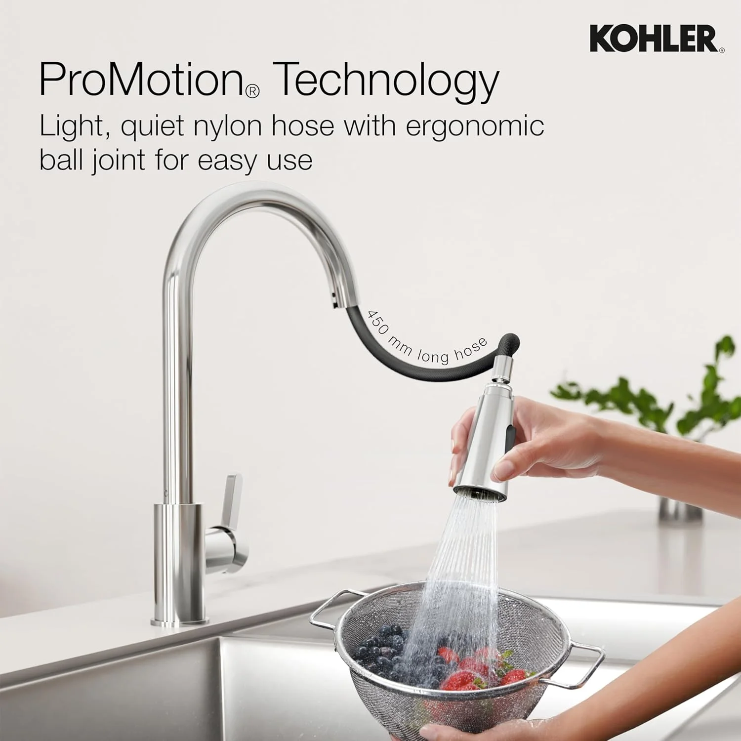 شیر آشپزخانه پول داون کولر مدل Atom، اتصال مکانیکی، حالت اسپری دوگانه، چرخش 360 درجه، دوام برنجی (شیر آشپزخانه با روکش کروم براق)