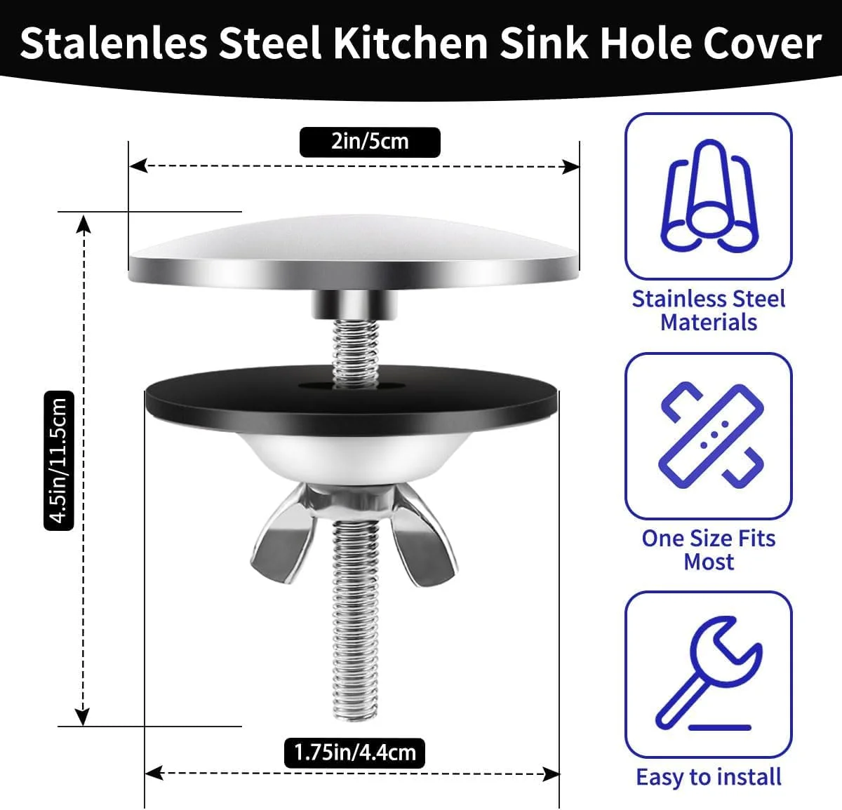 درپوش سوراخ سینک ظرفشویی HBSTUDIO، درپوش سوراخ شیر آب 2 اینچی استیل ضد زنگ، درپوش صفحه سوراخ شیر سینک ظرفشویی، درپوش سوراخ تزئینی مهر و موم شده (نقره ای)، HB402042