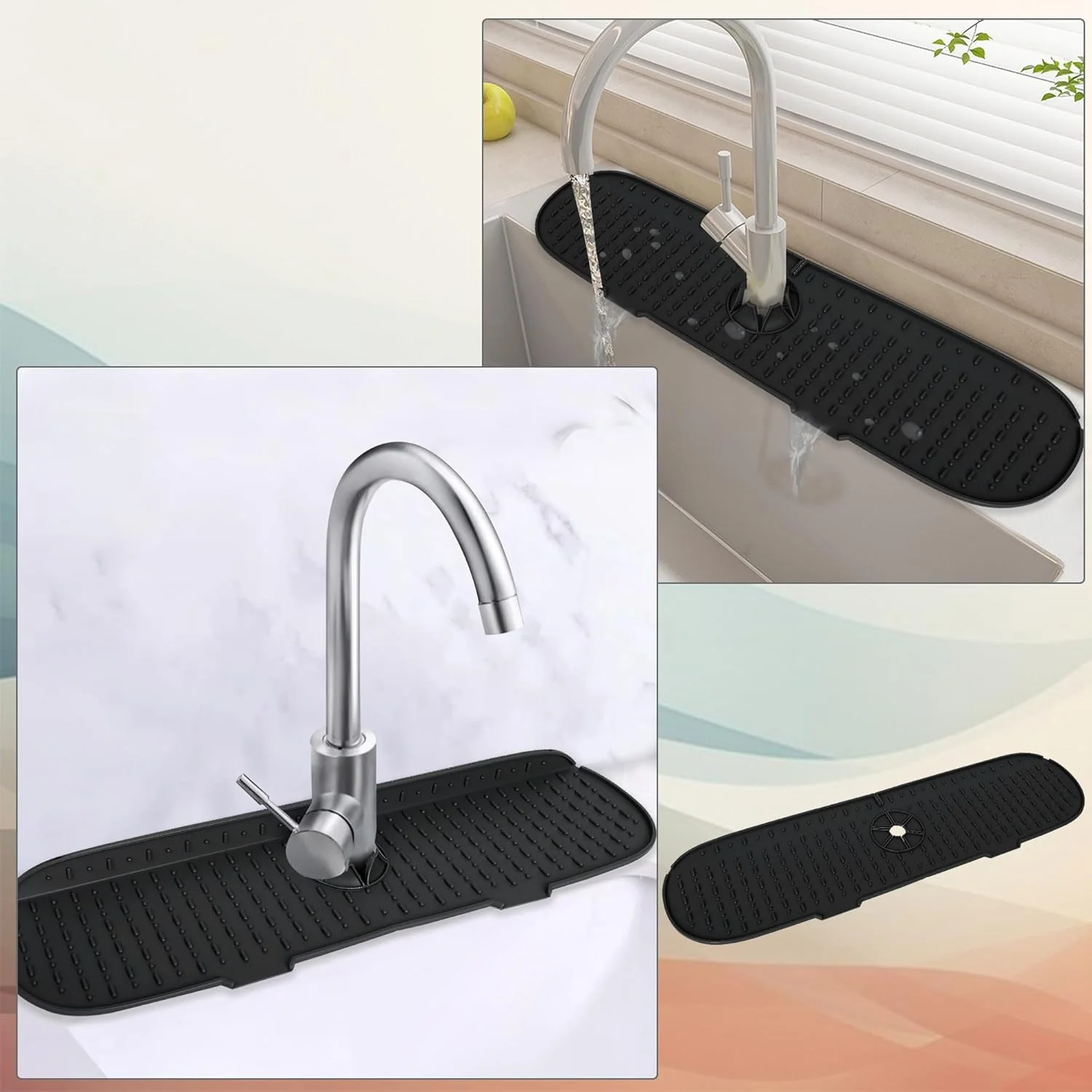 پد سیلیکونی شیر آب KASTWAVE، محافظ پاشش سینک، پد آبگیر شیر آب حمام، پد آبگیر برای محافظت از سطح پیشخوان آشپزخانه و حمام، نگهدارنده لوازم آشپزخانه خشک (مشکی) پد سیلیکونی شیر آب KASTWAVE، محافظ پاشش سینک، پد آبگیر شیر آب حمام، پد آبگیر برای محافظت از سطح پیشخوان آشپزخانه و حمام، نگهدارنده لوازم آشپزخانه خشک (مشکی)