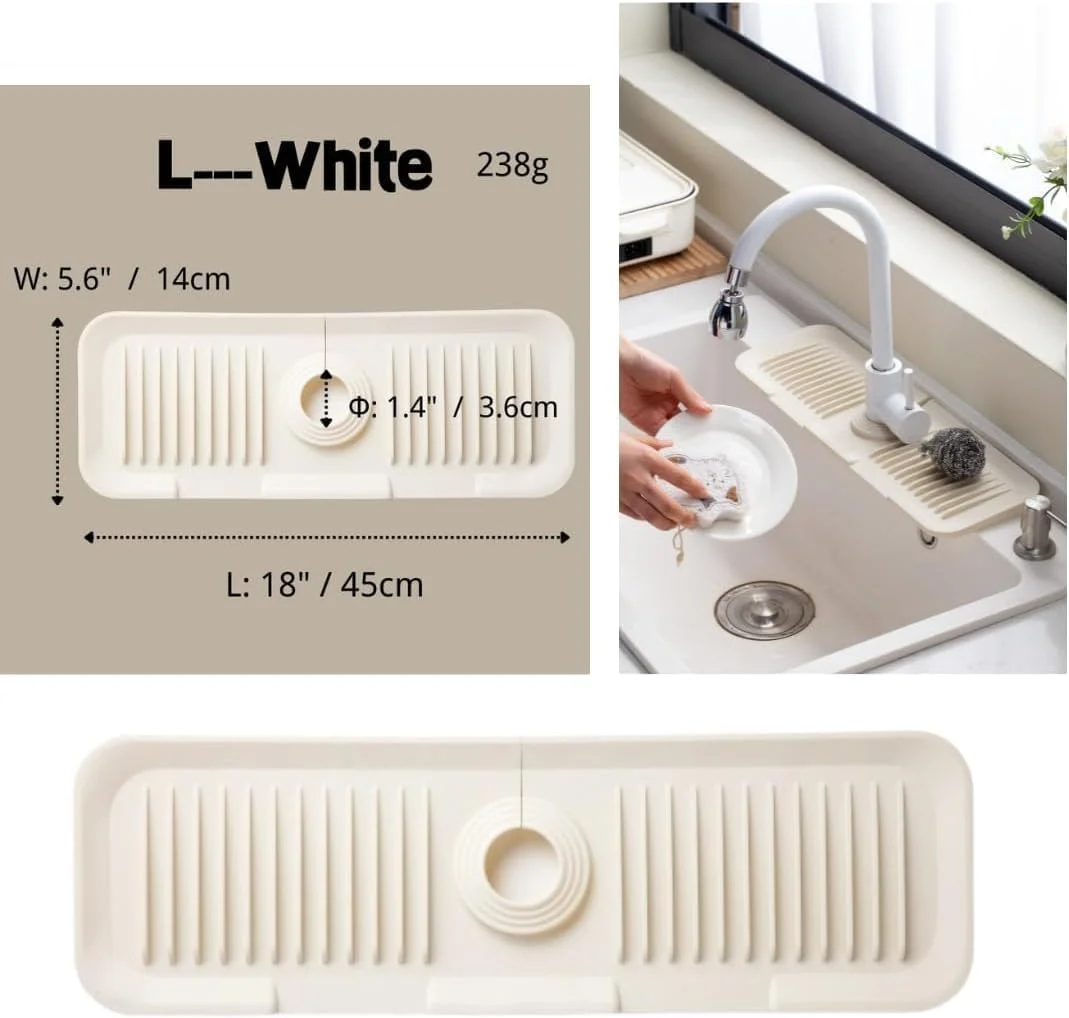 زیرانداز سیلیکونی سینک ظرفشویی، سینی تخلیه آب، پد خشک کن ظروف - پد ضد پاشش شیرآلات - پد جاذب شیرآلات - محافظ سطح سینک - زیرانداز آبگیری سینک (سفید، 45x14) زیرانداز سیلیکونی سینک ظرفشویی، سینی تخلیه آب، پد خشک کن ظروف - پد ضد پاشش شیرآلات - پد جاذب شیرآلات - محافظ سطح سینک - زیرانداز آبگیری سینک (سفید، 45x14)