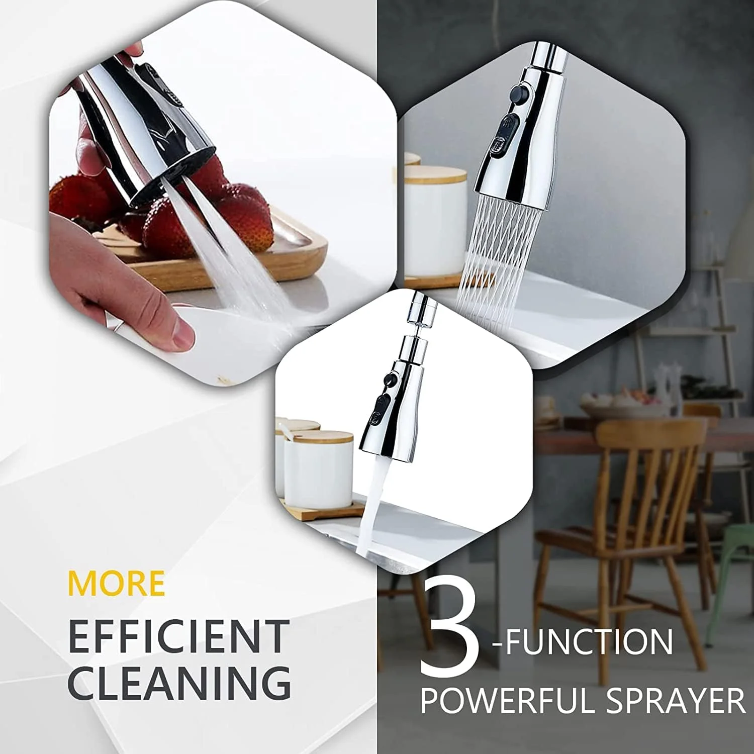 سردوش شیر آشپزخانه، چرخش 360 درجه، دارای 3 حالت، اتصال سرشیر آب با فشار بالا، نازل تعویضی سر شیر سینک آشپزخانه FM22 FM24 G1/2 به همراه آداپتور