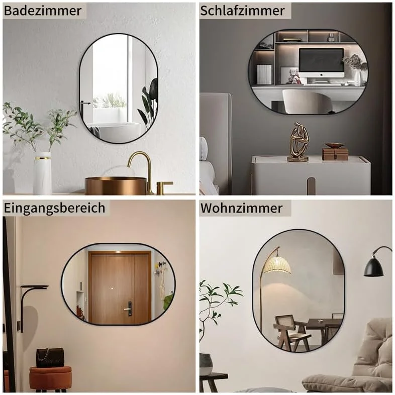 آینه دیواری بیضی شکل مشکی WOWINNE، ابعاد 80 × 50 سانتی متر، با قاب فلزی، آینه تزئینی برای حمام، اتاق نشیمن، اتاق خواب، سرویس بهداشتی مهمان، قابل نصب به صورت عمودی و افقی