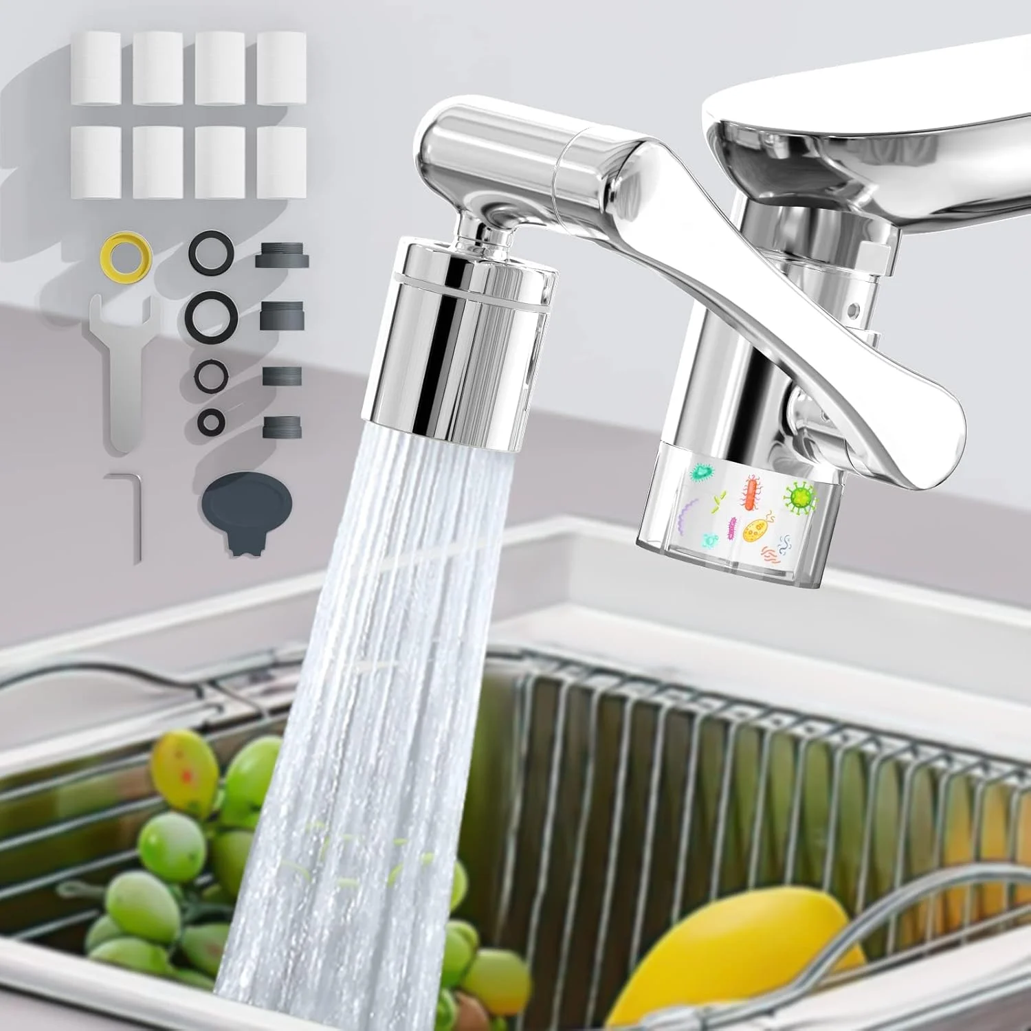 افزایش دهنده چرخان 1440 درجه شیر آب با فیلتر آب قابل مشاهده و هشت المنت فیلتر جایگزین، شیر آب تاشو جهانی ضد پاشش با دو حالت خروجی آب برای سینک آشپزخانه و حمام افزایش دهنده چرخان 1440 درجه شیر آب با فیلتر آب قابل مشاهده و هشت المنت فیلتر جایگزین، شیر آب تاشو جهانی ضد پاشش با دو حالت خروجی آب برای سینک آشپزخانه و حمام