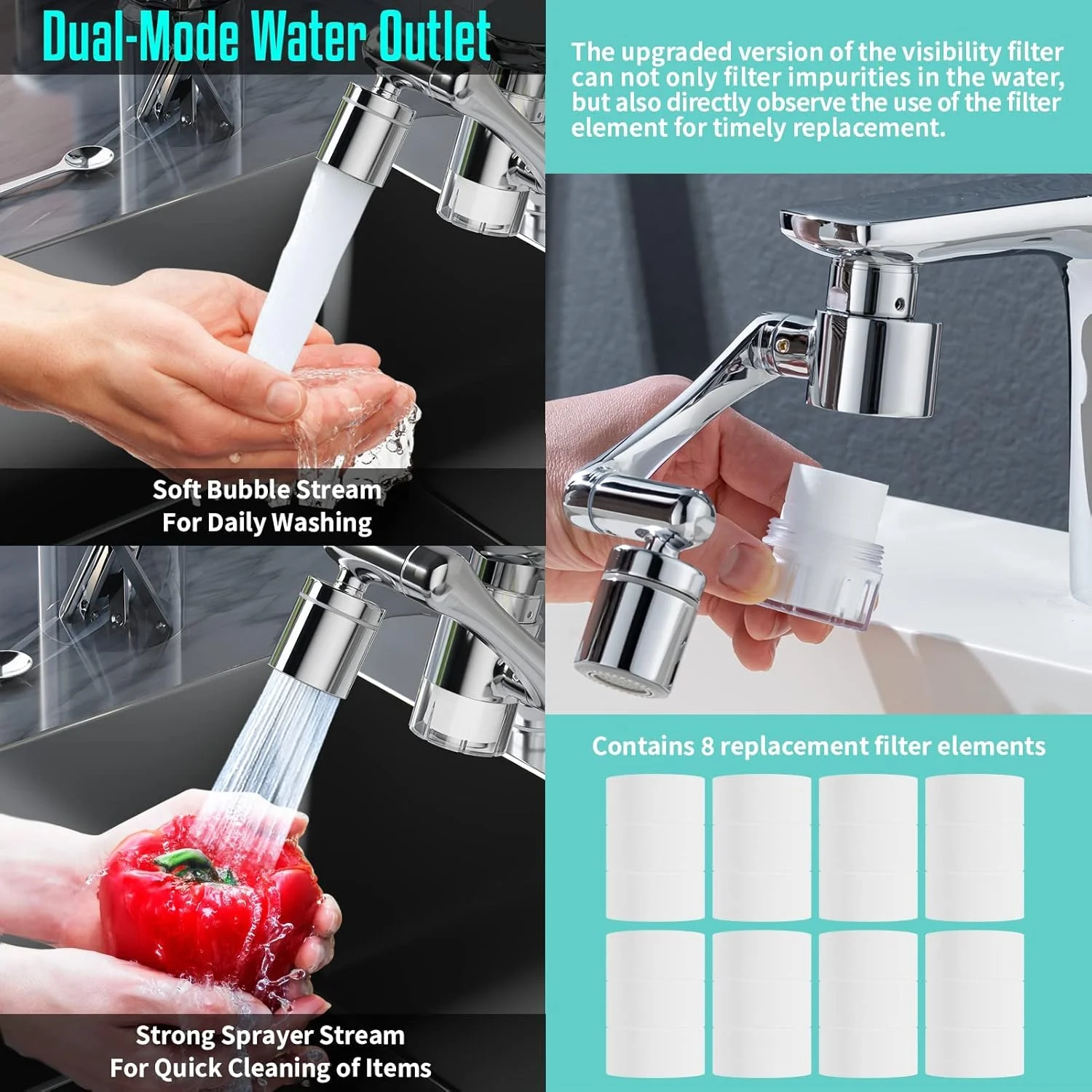 افزایش دهنده چرخان 1440 درجه شیر آب با فیلتر آب قابل مشاهده و هشت المنت فیلتر جایگزین، شیر آب تاشو جهانی ضد پاشش با دو حالت خروجی آب برای سینک آشپزخانه و حمام افزایش دهنده چرخان 1440 درجه شیر آب با فیلتر آب قابل مشاهده و هشت المنت فیلتر جایگزین، شیر آب تاشو جهانی ضد پاشش با دو حالت خروجی آب برای سینک آشپزخانه و حمام