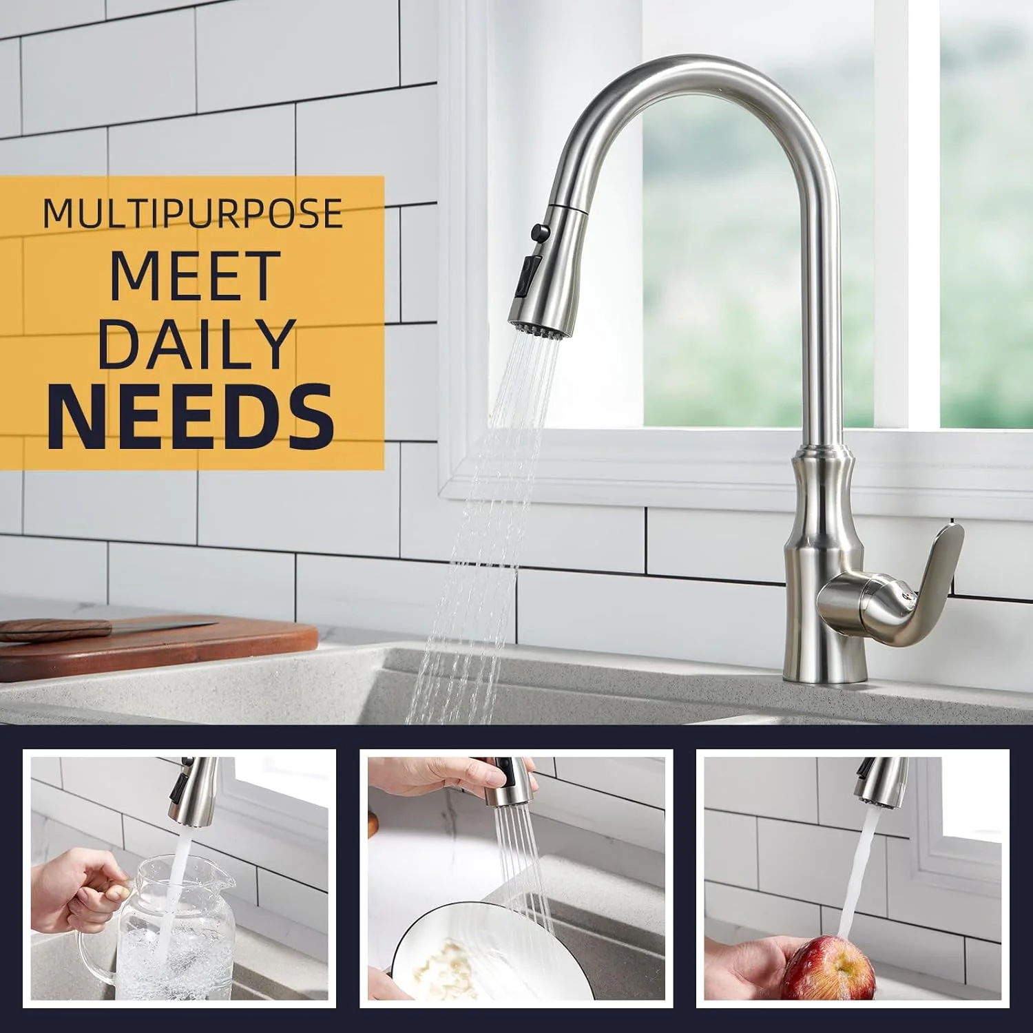 سر دوش شیر آشپزخانه زاویه دار با قابلیت بیرون کشیدن، نازل سر دوش شیر سینک ظرفشویی، قطعه جایگزین سر دوش شلنگ بیرون کشیدنی، سر شیر آب آشپزخانه، نیکل برس خورده