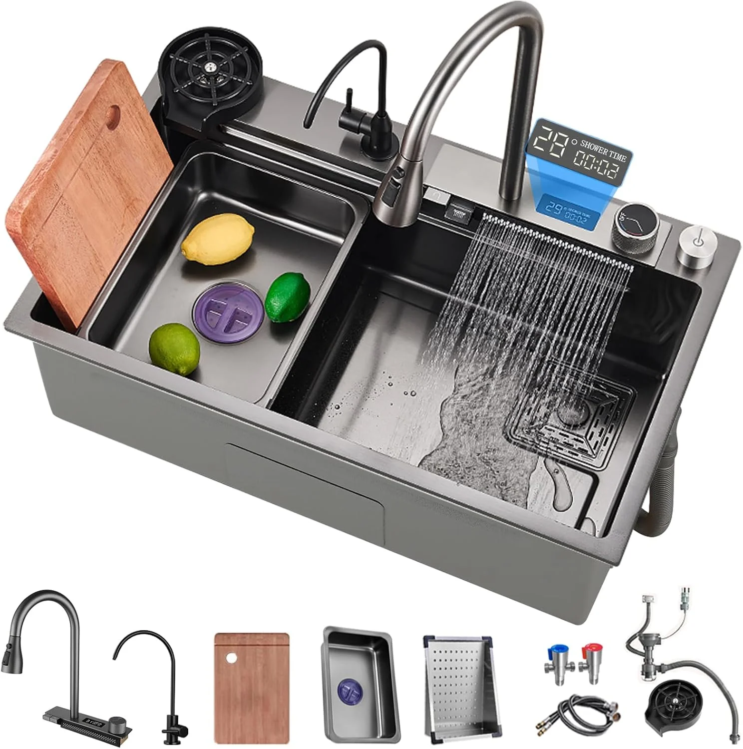 سینک ظرفشویی مشکی نانو ریباندی استیل 304، سینک تک لگنه آبشاری با صفحه نمایش دیجیتال چند منظوره، شیرآلات سینک متحرک و لوازم جانبی سینک ظرفشویی مشکی نانو ریباندی استیل 304، سینک تک لگنه آبشاری با صفحه نمایش دیجیتال چند منظوره، شیرآلات سینک متحرک و لوازم جانبی