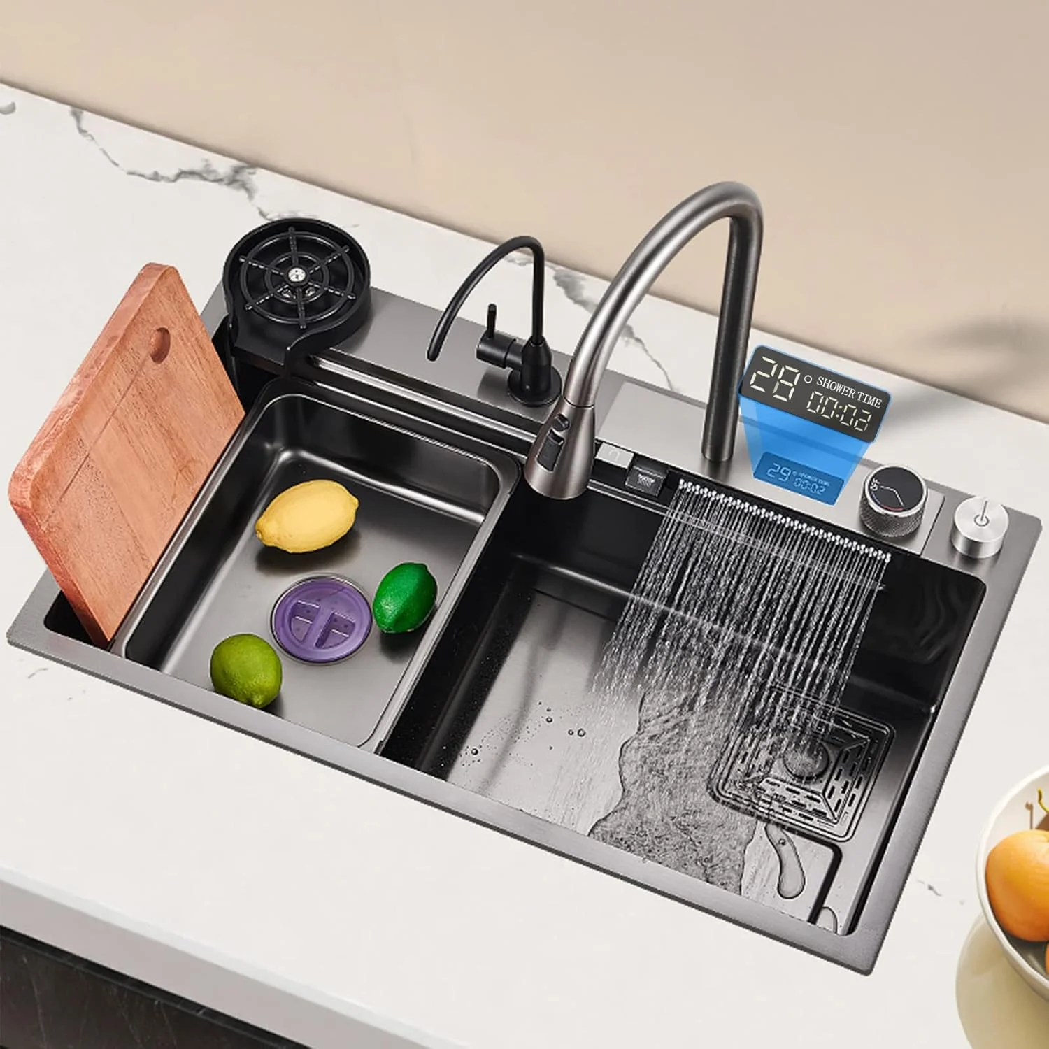 سینک ظرفشویی مشکی نانو ریباندی استیل 304، سینک تک لگنه آبشاری با صفحه نمایش دیجیتال چند منظوره، شیرآلات سینک متحرک و لوازم جانبی سینک ظرفشویی مشکی نانو ریباندی استیل 304، سینک تک لگنه آبشاری با صفحه نمایش دیجیتال چند منظوره، شیرآلات سینک متحرک و لوازم جانبی