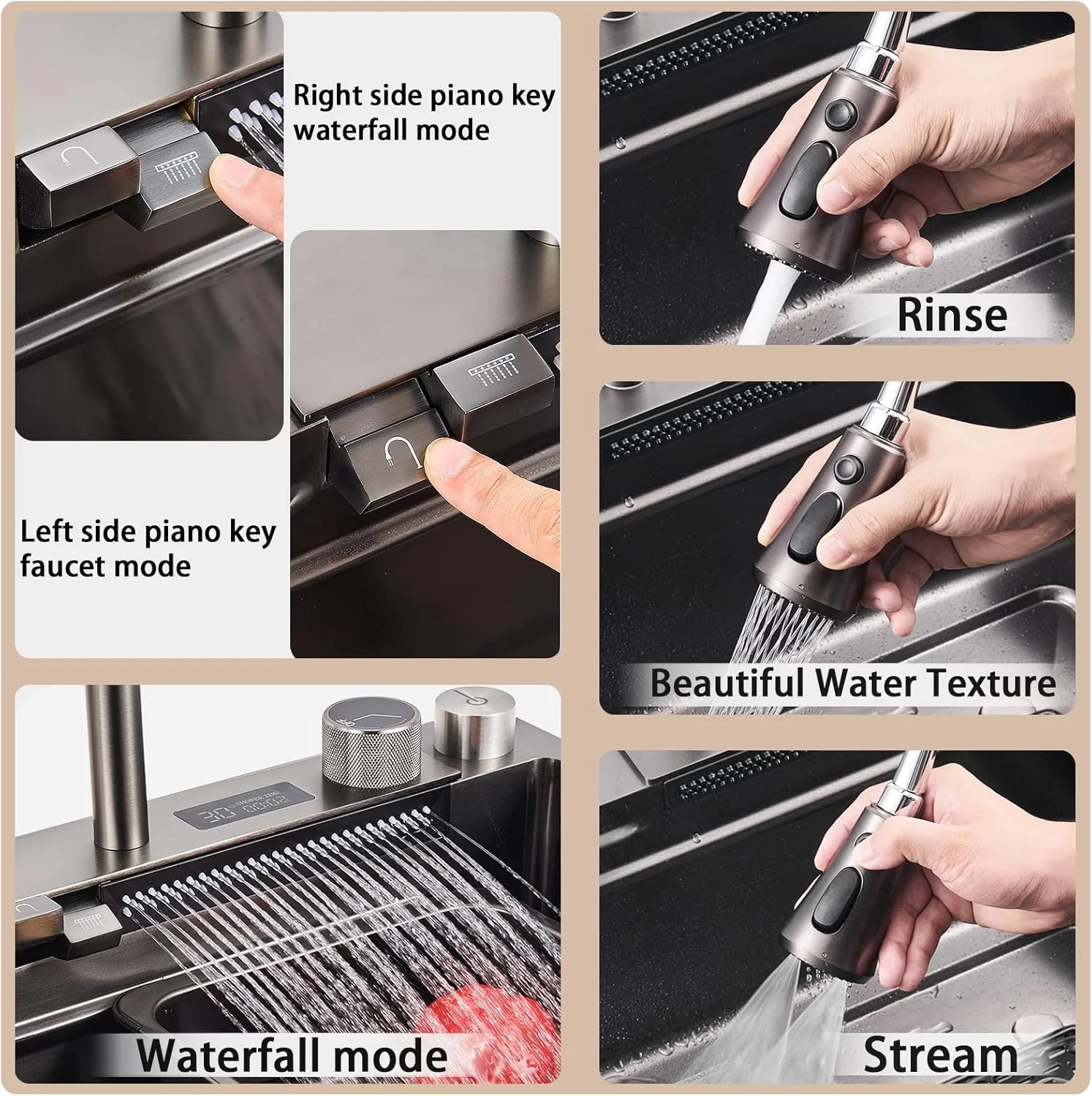 سینک ظرفشویی مشکی نانو ریباندی استیل 304، سینک تک لگنه آبشاری با صفحه نمایش دیجیتال چند منظوره، شیرآلات سینک متحرک و لوازم جانبی سینک ظرفشویی مشکی نانو ریباندی استیل 304، سینک تک لگنه آبشاری با صفحه نمایش دیجیتال چند منظوره، شیرآلات سینک متحرک و لوازم جانبی