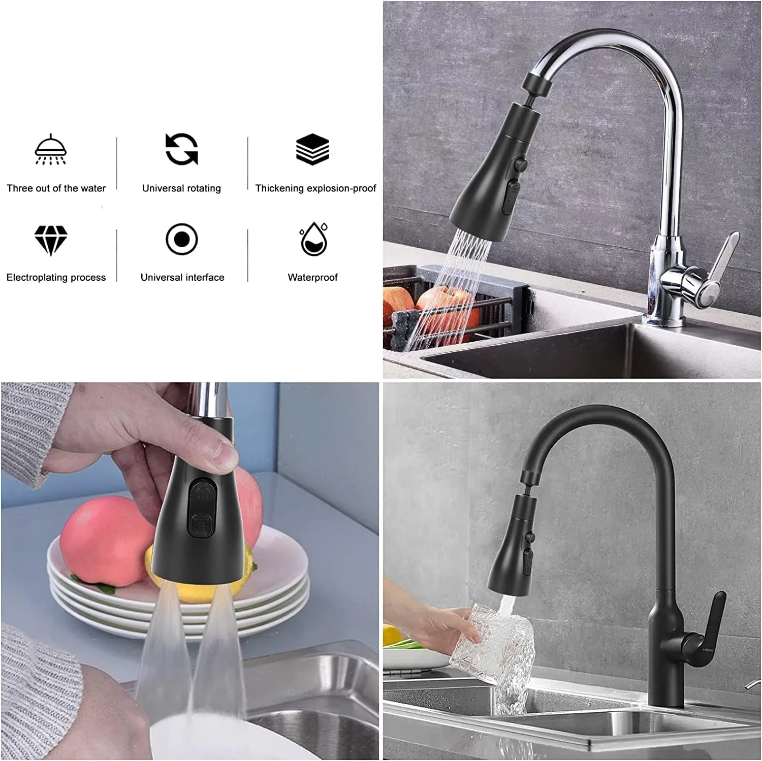 سَری شیر آب آشپزخانه با قابلیت چرخش 360 درجه، شیر سینک آشپزخانه با 3 حالت مختلف پاشش آب، مناسب برای حمام (مشکی) سَری شیر آب آشپزخانه با قابلیت چرخش 360 درجه، شیر سینک آشپزخانه با 3 حالت مختلف پاشش آب، مناسب برای حمام (مشکی)