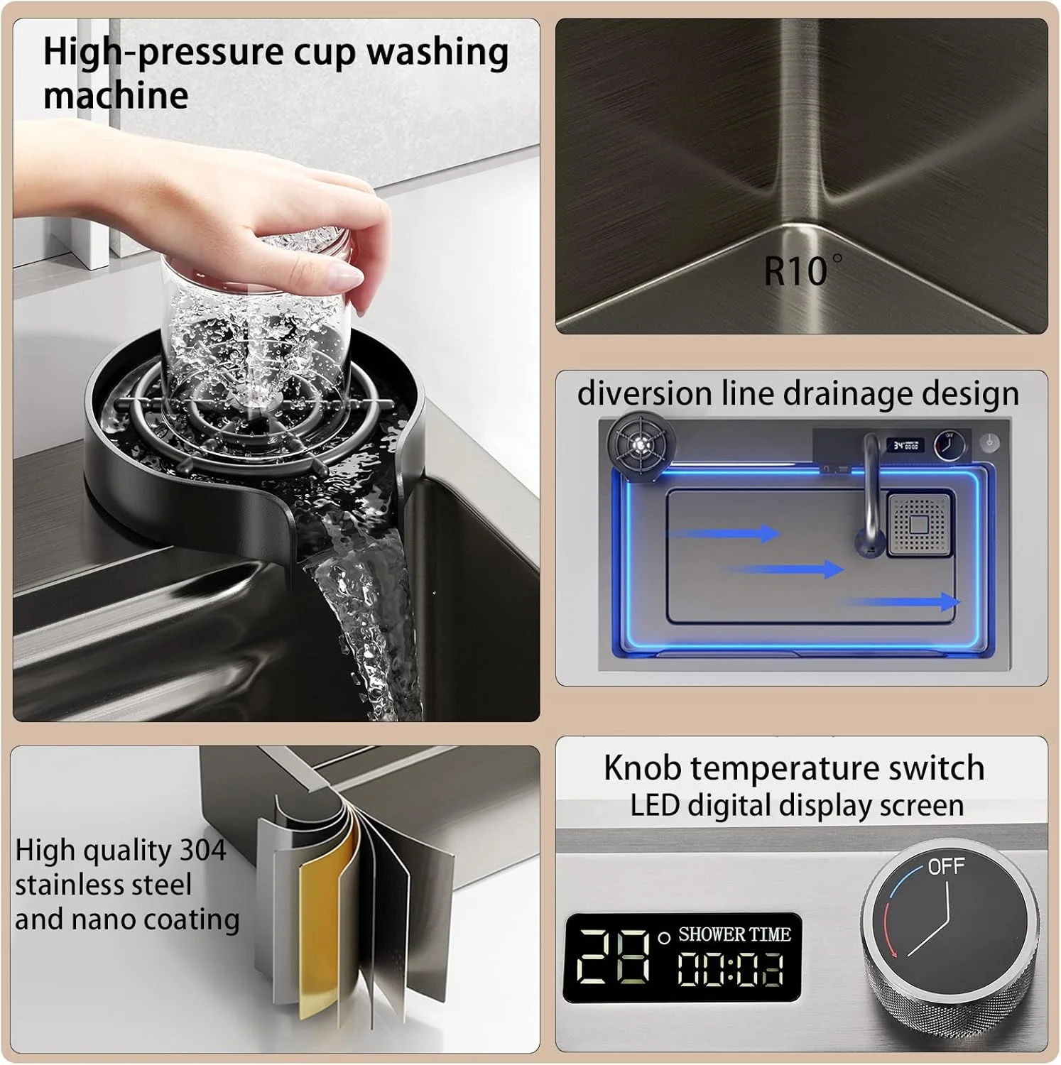 سینک ظرفشویی مشکی نانو ریباندی استیل 304، سینک تک لگنه آبشاری با صفحه نمایش دیجیتال چند منظوره، شیرآلات سینک متحرک و لوازم جانبی سینک ظرفشویی مشکی نانو ریباندی استیل 304، سینک تک لگنه آبشاری با صفحه نمایش دیجیتال چند منظوره، شیرآلات سینک متحرک و لوازم جانبی