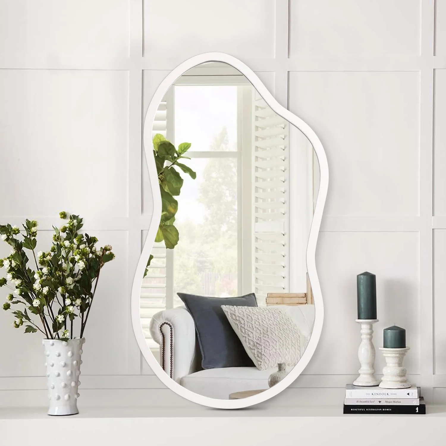 آینه کوچک AAZZKANG به همراه قاب چوبی نامنظم آینه تزئینی سفید برای اتاق خواب، اتاق تعویض لباس، اتاق نشیمن، حمام، ورودی آینه کوچک AAZZKANG به همراه قاب چوبی نامنظم آینه تزئینی سفید برای اتاق خواب، اتاق تعویض لباس، اتاق نشیمن، حمام، ورودی