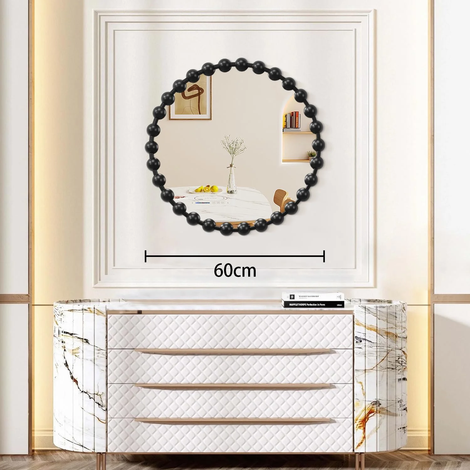 آینه دیواری گرد مشکی AAZZKANG با قاب فلزی و مهره دار، تزئینی بزرگ 60 سانتی متری مناسب اتاق خواب، نشیمن، حمام، ورودی و راهرو