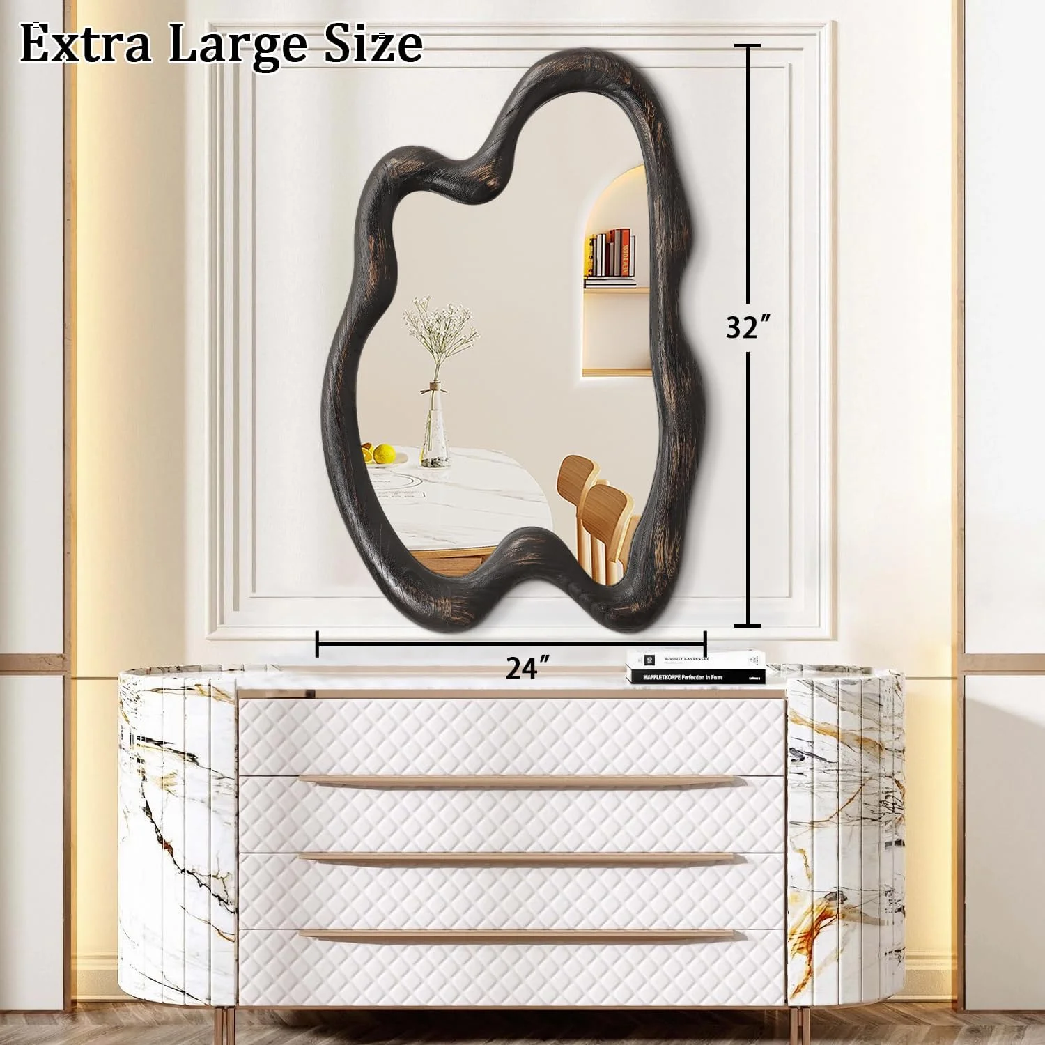 آینه دیواری وینتیج AAZZKANG با قاب چوبی، آینه دیواری بزرگ نامنظم 81x61 سانتی متر، آینه های آویز تزئینی برای حمام، اتاق خواب، اتاق نشیمن، ورودی