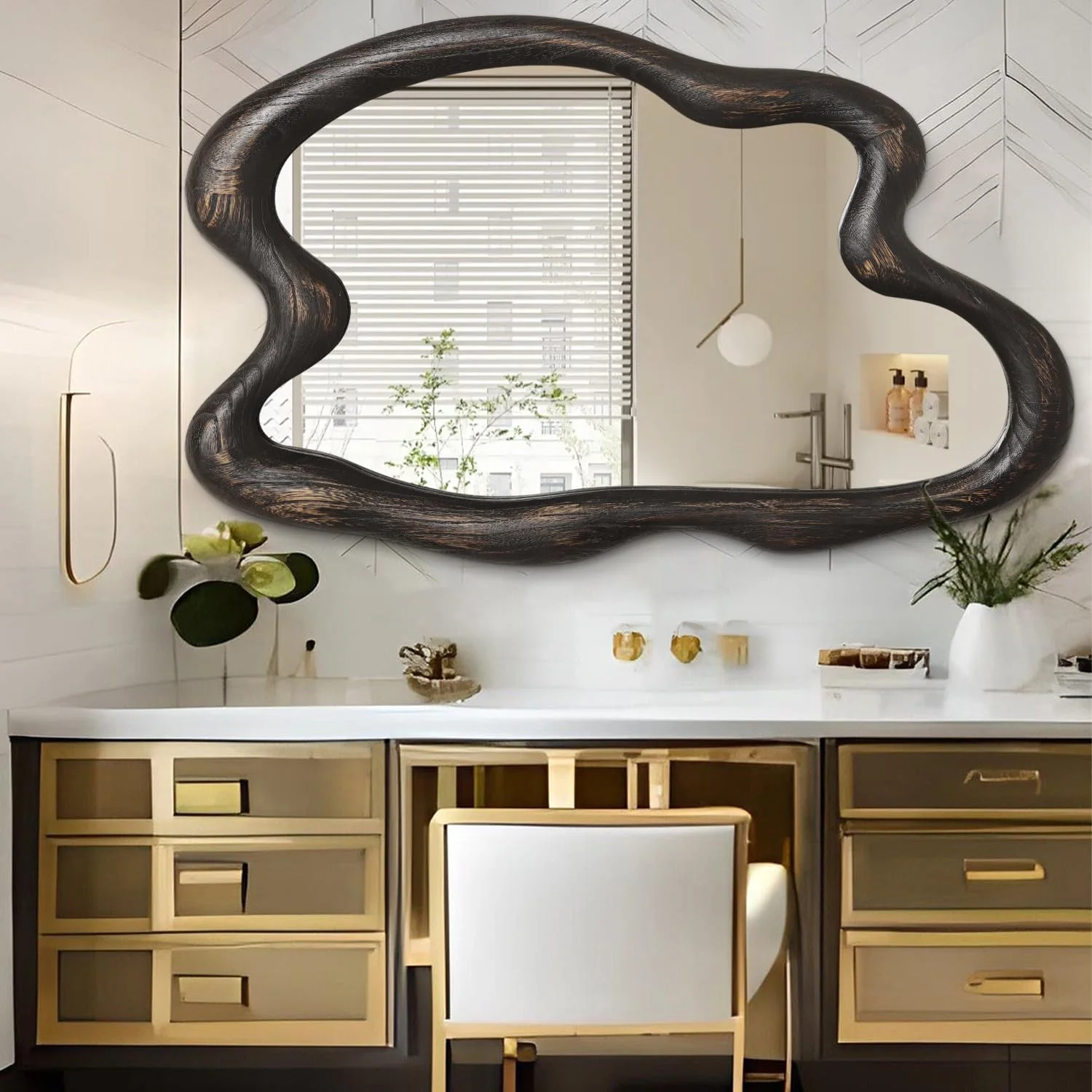 آینه دیواری وینتیج AAZZKANG با قاب چوبی، آینه دیواری بزرگ نامنظم 81x61 سانتی متر، آینه های آویز تزئینی برای حمام، اتاق خواب، اتاق نشیمن، ورودی