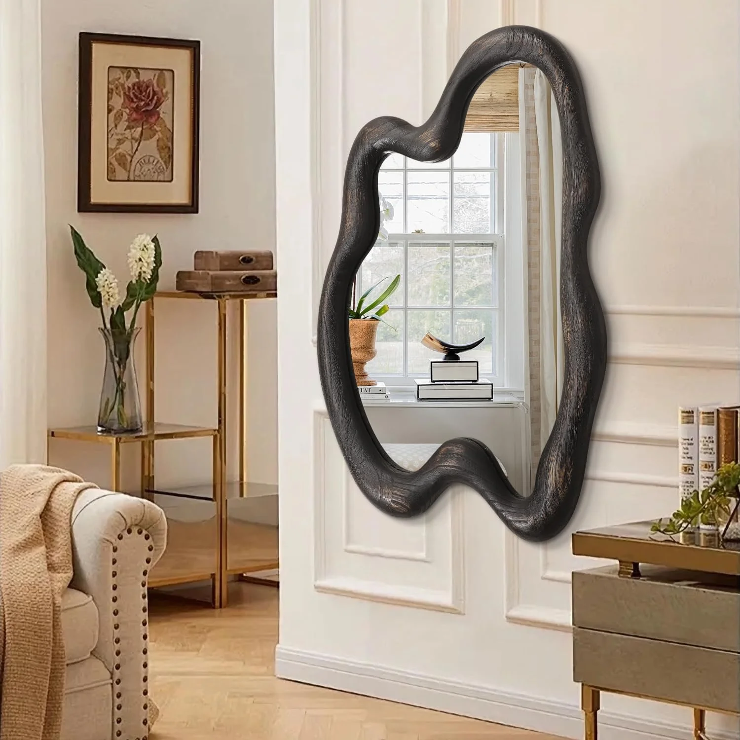 آینه دیواری وینتیج AAZZKANG با قاب چوبی، آینه دیواری بزرگ نامنظم 81x61 سانتی متر، آینه های آویز تزئینی برای حمام، اتاق خواب، اتاق نشیمن، ورودی