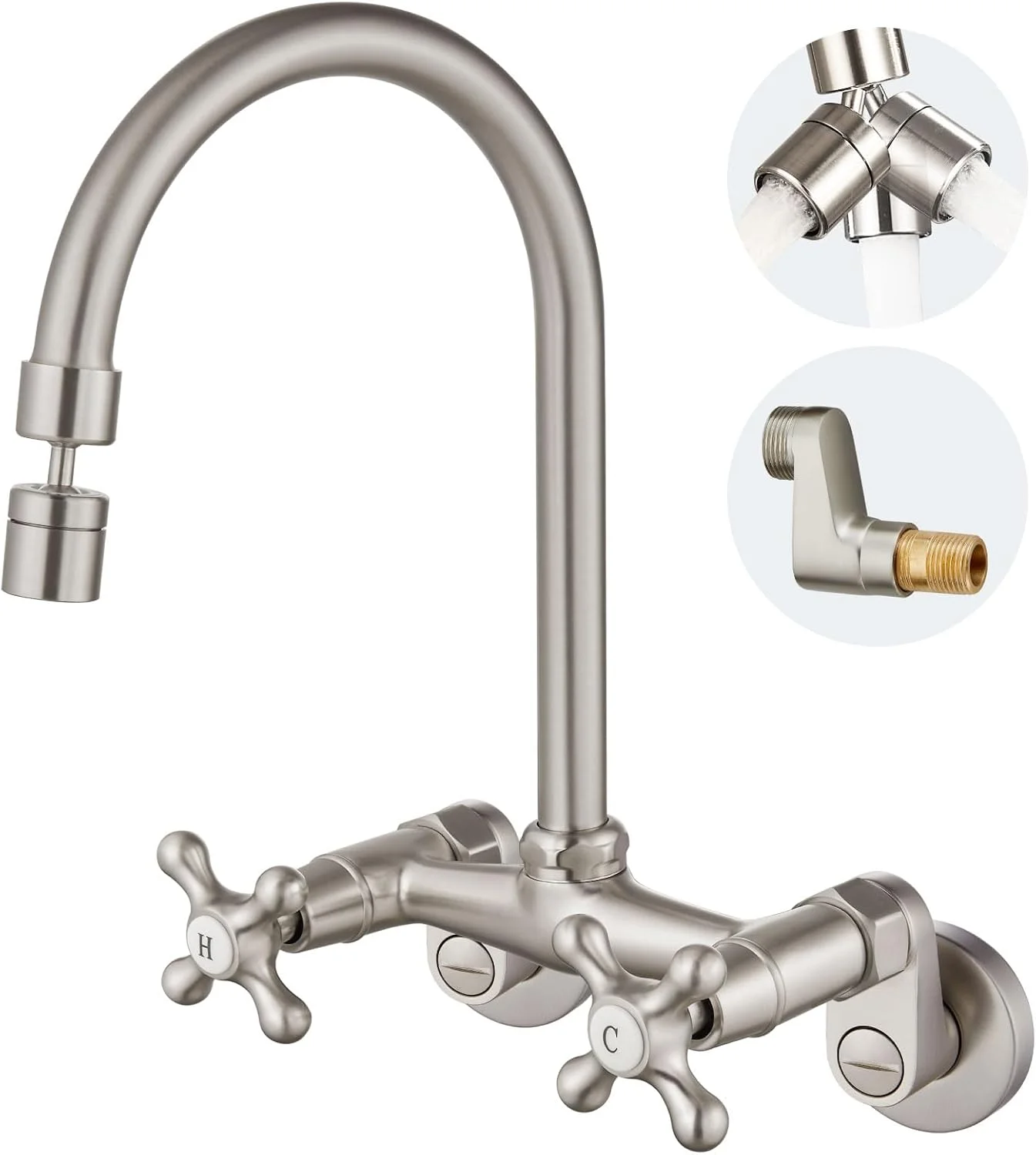 شیر آشپزخانه دیواری ایروئیدا با اسپری، شیر سینک ظرفشویی دیواری با دسته های ضربدری دوتایی، خروجی چرخان 360 درجه، شیر مخلوط رستورانی تجاری با مرکز 6 اینچی، نیکل برس خورده شیر آشپزخانه دیواری ایروئیدا با اسپری، شیر سینک ظرفشویی دیواری با دسته های ضربدری دوتایی، خروجی چرخان 360 درجه، شیر مخلوط رستورانی تجاری با مرکز 6 اینچی، نیکل برس خورده