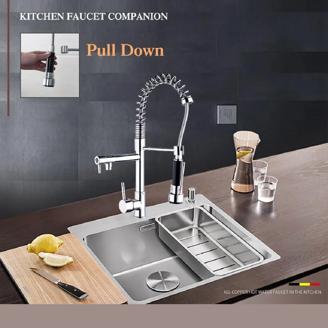 شیرآلات ظرفشویی Yutfaucet با قابلیت بیرون کشیدن، چرخش 360 درجه، دارای دو حالت خروجی آب، اهرم تنظیم آب سرد و گرم، مناسب برای سینک ظرفشویی استیل