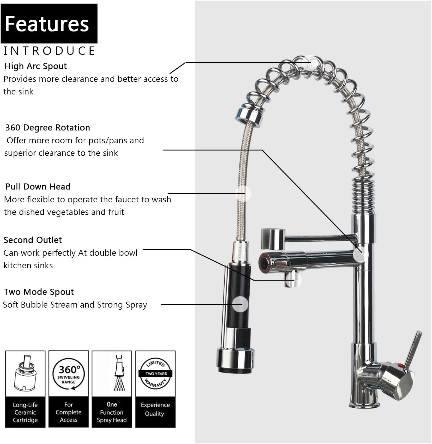 شیرآلات ظرفشویی Yutfaucet با قابلیت بیرون کشیدن، چرخش 360 درجه، دارای دو حالت خروجی آب، اهرم تنظیم آب سرد و گرم، مناسب برای سینک ظرفشویی استیل