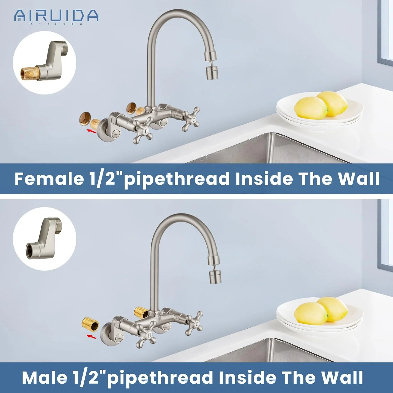 شیر آشپزخانه دیواری ایروئیدا با اسپری، شیر سینک ظرفشویی دیواری با دسته های ضربدری دوتایی، خروجی چرخان 360 درجه، شیر مخلوط رستورانی تجاری با مرکز 6 اینچی، نیکل برس خورده شیر آشپزخانه دیواری ایروئیدا با اسپری، شیر سینک ظرفشویی دیواری با دسته های ضربدری دوتایی، خروجی چرخان 360 درجه، شیر مخلوط رستورانی تجاری با مرکز 6 اینچی، نیکل برس خورده