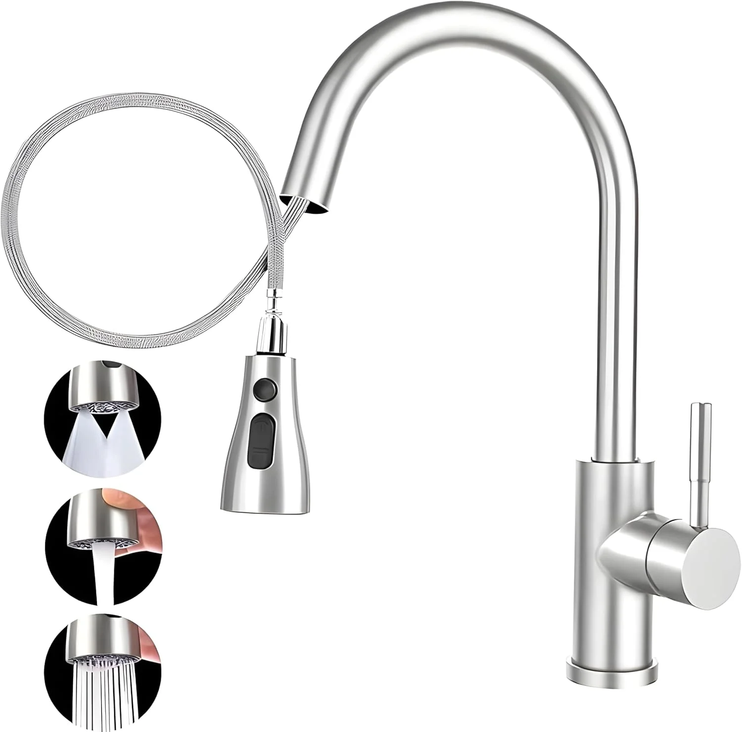 شیر آشپزخانه استیل ضد زنگ با قابلیت بیرون کشیدن و 3 حالت آب، شیر سینک آشپزخانه تک اهرمی با قوس بلند، چرخش 360 درجه، نصب مدرن روی سطح برای آب گرم و سرد، شیر آشپزخانه میلانو شیر آشپزخانه استیل ضد زنگ با قابلیت بیرون کشیدن و 3 حالت آب، شیر سینک آشپزخانه تک اهرمی با قوس بلند، چرخش 360 درجه، نصب مدرن روی سطح برای آب گرم و سرد، شیر آشپزخانه میلانو