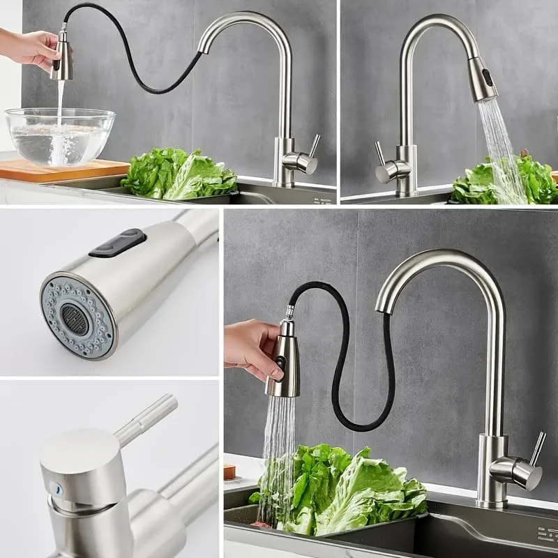 شیر آشپزخانه استیل ضد زنگ با قابلیت بیرون کشیدن و 3 حالت آب، شیر سینک آشپزخانه تک اهرمی با قوس بلند، چرخش 360 درجه، نصب مدرن روی سطح برای آب گرم و سرد، شیر آشپزخانه میلانو شیر آشپزخانه استیل ضد زنگ با قابلیت بیرون کشیدن و 3 حالت آب، شیر سینک آشپزخانه تک اهرمی با قوس بلند، چرخش 360 درجه، نصب مدرن روی سطح برای آب گرم و سرد، شیر آشپزخانه میلانو