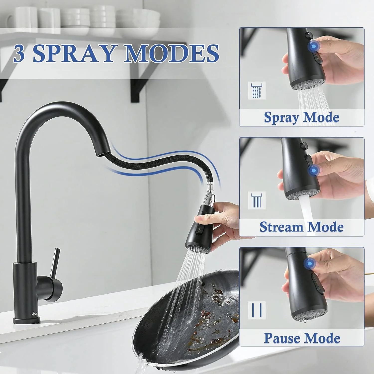 شیر آشپزخانه مشکی APPASO، شیر سینک آشپزخانه با اسپری کشویی، شیر سینک استیل تک دستگیره گردن غازی با رنگ مشکی مات شیر آشپزخانه مشکی APPASO، شیر سینک آشپزخانه با اسپری کشویی، شیر سینک استیل تک دستگیره گردن غازی با رنگ مشکی مات