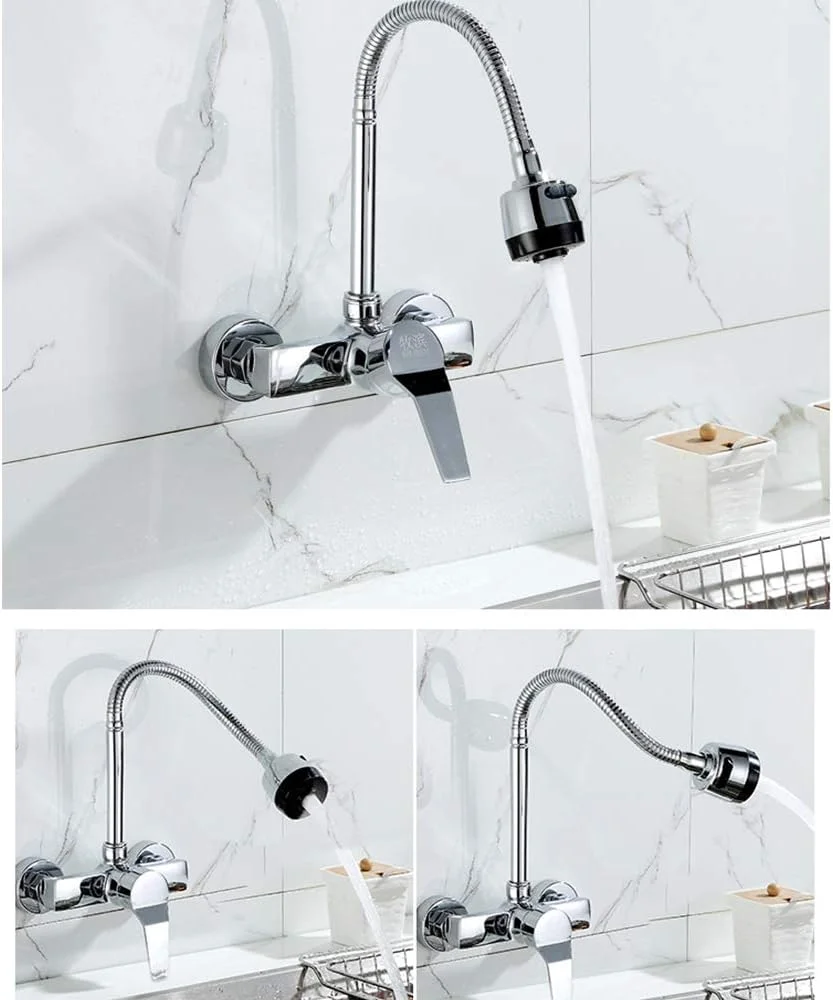 شیر آشپزخانه کروم GLYYR با آب گرم و سرد، دارای اسپری دو حالته، برنجی، نصب دیواری، شیر سینک آشپزخانه تک اهرمی و انعطاف پذیر