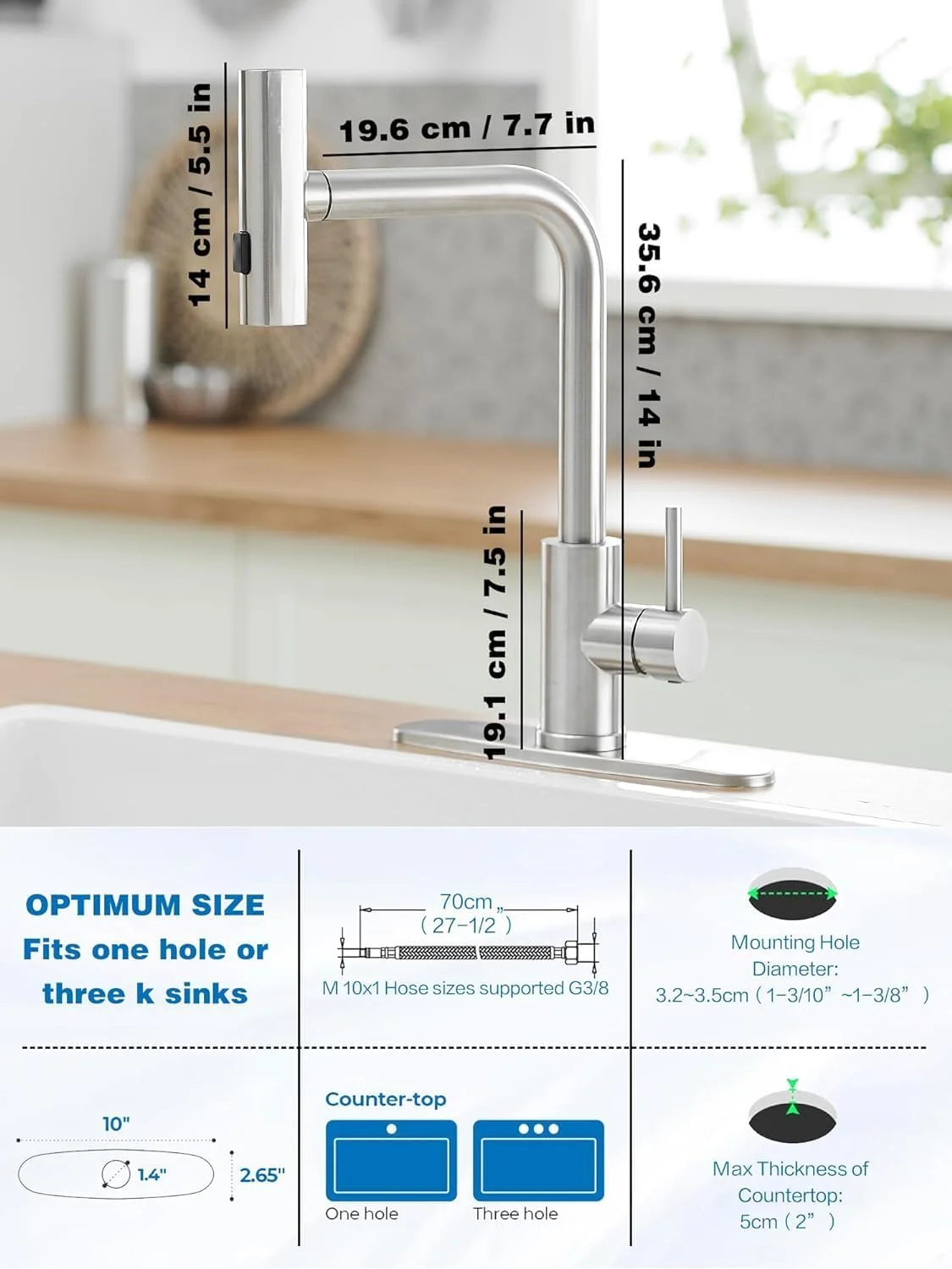 شیرآلات آشپزخانه آنکیلا با اسپری کشویی، شیر سینک آشپزخانه آبشاری، شیرآلات آشپزخانه استیل ضد زنگ تجاری، شیر سینک تک دسته با اسپری کشویی برای 3 عملکرد (نقره ای)